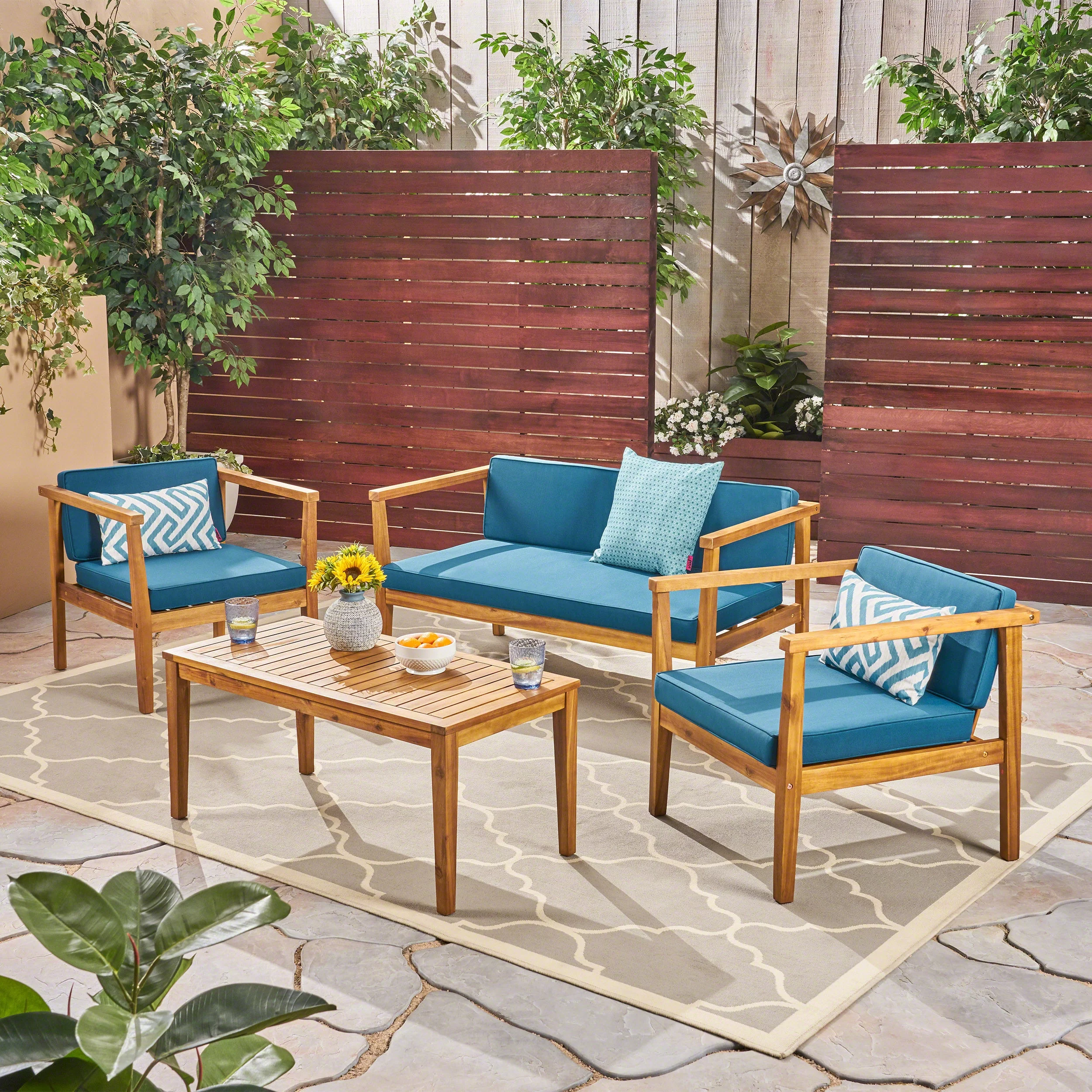 GDF Studio Maddox Outdoor 4-Seater Acacia Wood Chat Set, Teak and Dark Teal