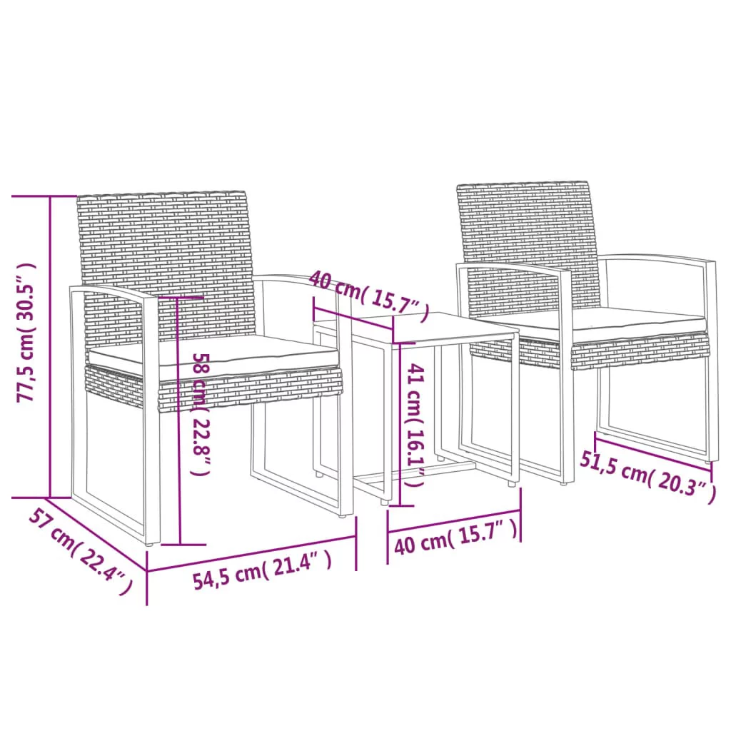 moobody 3 piece Patio Dining Set with Cushions Dark Gray Rattan