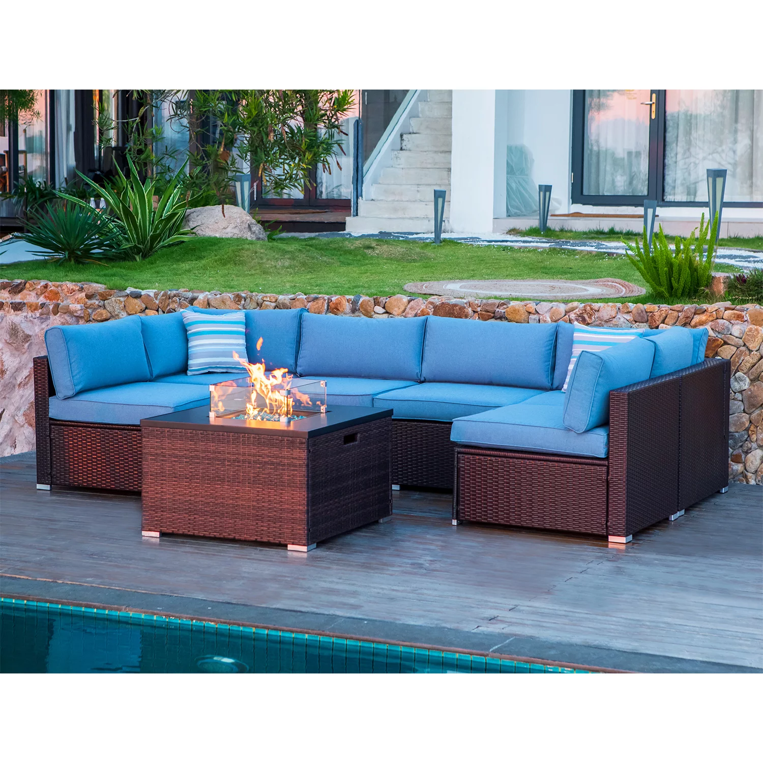 COSIEST 7 Piece Propane Fire Pit Outdoor Wicker Patio Sectional Sofa Brown