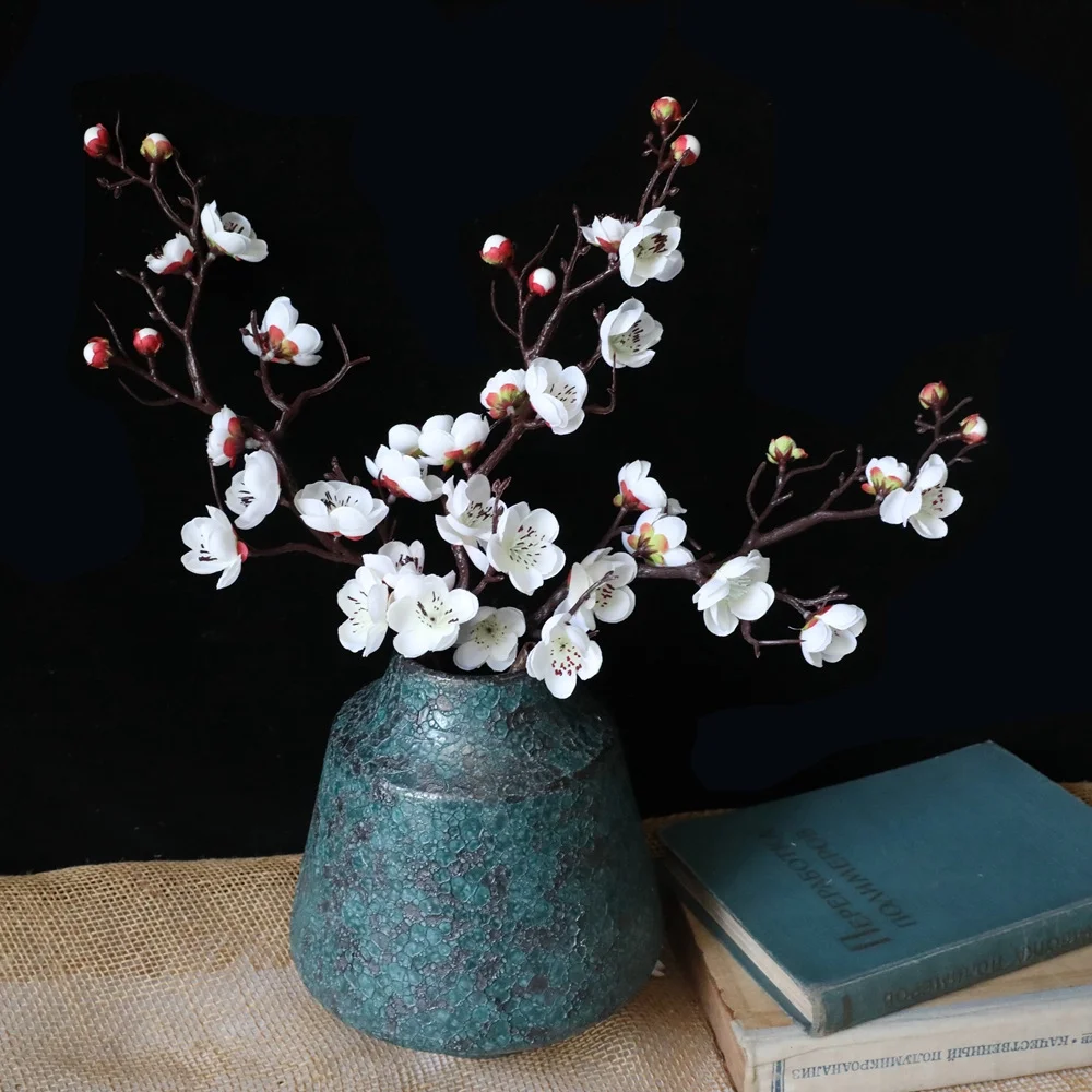 NAMZI 3pcs Artificial Cherry Blossom Branches,23 Inch Long Stem Silk Plum Blossom with Buds,White