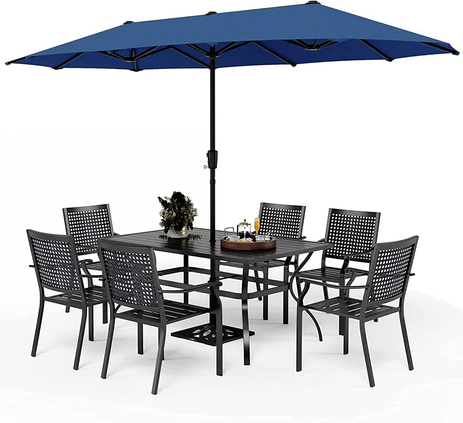 VILLA Outdoor 10ft Patio Umbrella Set for 4 with 5 Pieces Dining Table Chairs  Metal Outdoor Stackable Wrought Iron Chair Set of 4 & 37" Metal Table 3 Tier Vented Dark Blue Umbrel