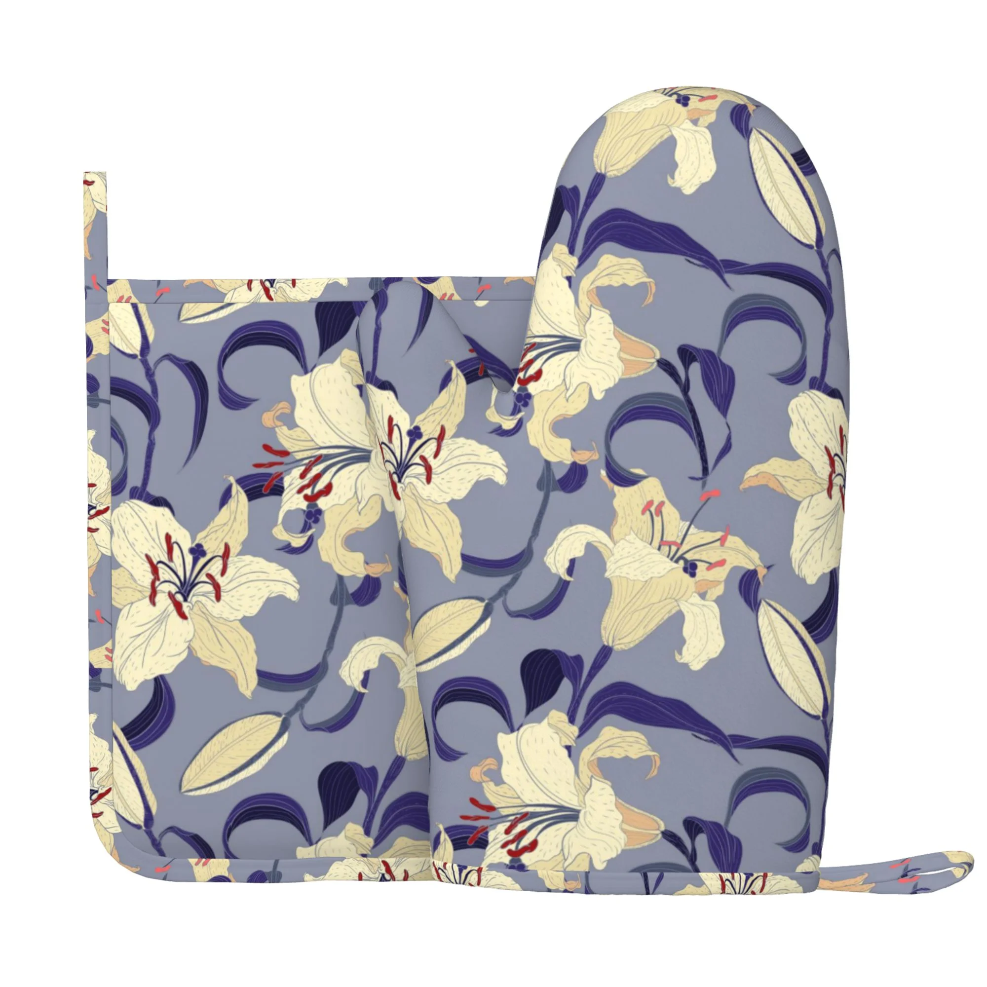 XMXY Oven Mitts and Pot Holders 2 Pcs Sets, Oriental Lilies Floral Violet Heat Resistant Silicone Cooking Gloves for Grill Baking BBQ Kitchen Decor