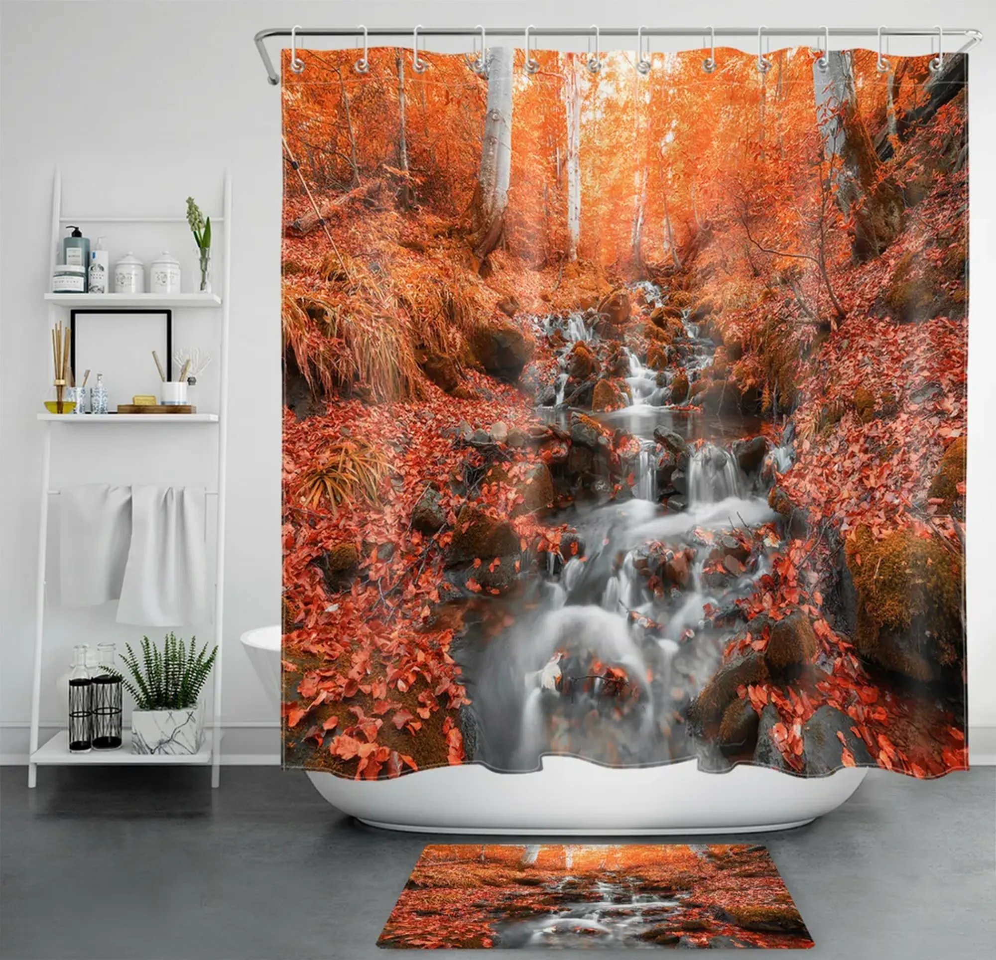 INPERCUST Autumn Woods Crimson Maple Brook Nature-Inspired Shower Curtain for Bathroom Decoration
