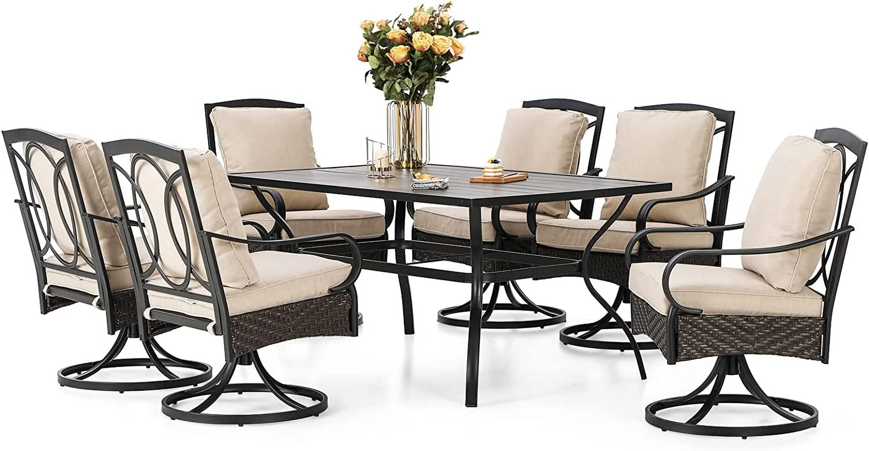 & William Patio Table and Chairs with 13ft Double-Sided Umbrella  8 Piece Outdoor Dining Furniture Set with 6 Padded Swivel Rocker Dining Chairs  1 Rectangular Metal Patio Table and 1