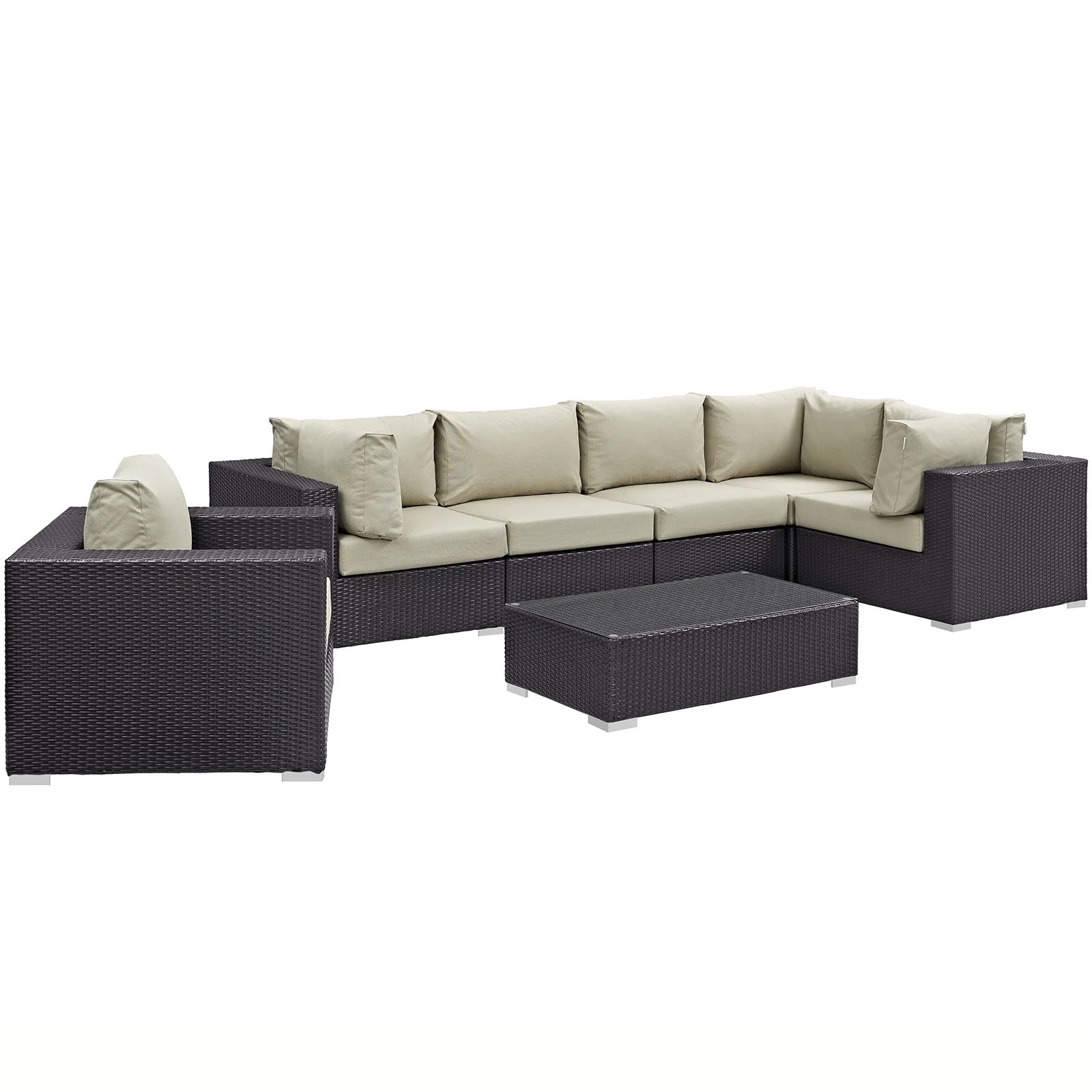 Modern Contemporary Urban Design Outdoor Patio Balcony Seven PCS Sectional Sofa Set, Beige, Rattan