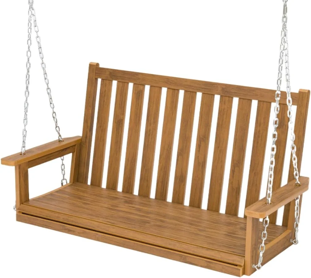 Poly Lumber Porch Swing with Cup Holders, 18/8 Stainless Steel Hanging Chains and Hardware, High Backrest and Deep Contoured Seat, Heavy Duty 900 LBS, All-Weather Resistant Bench Swing (Teak Tone)