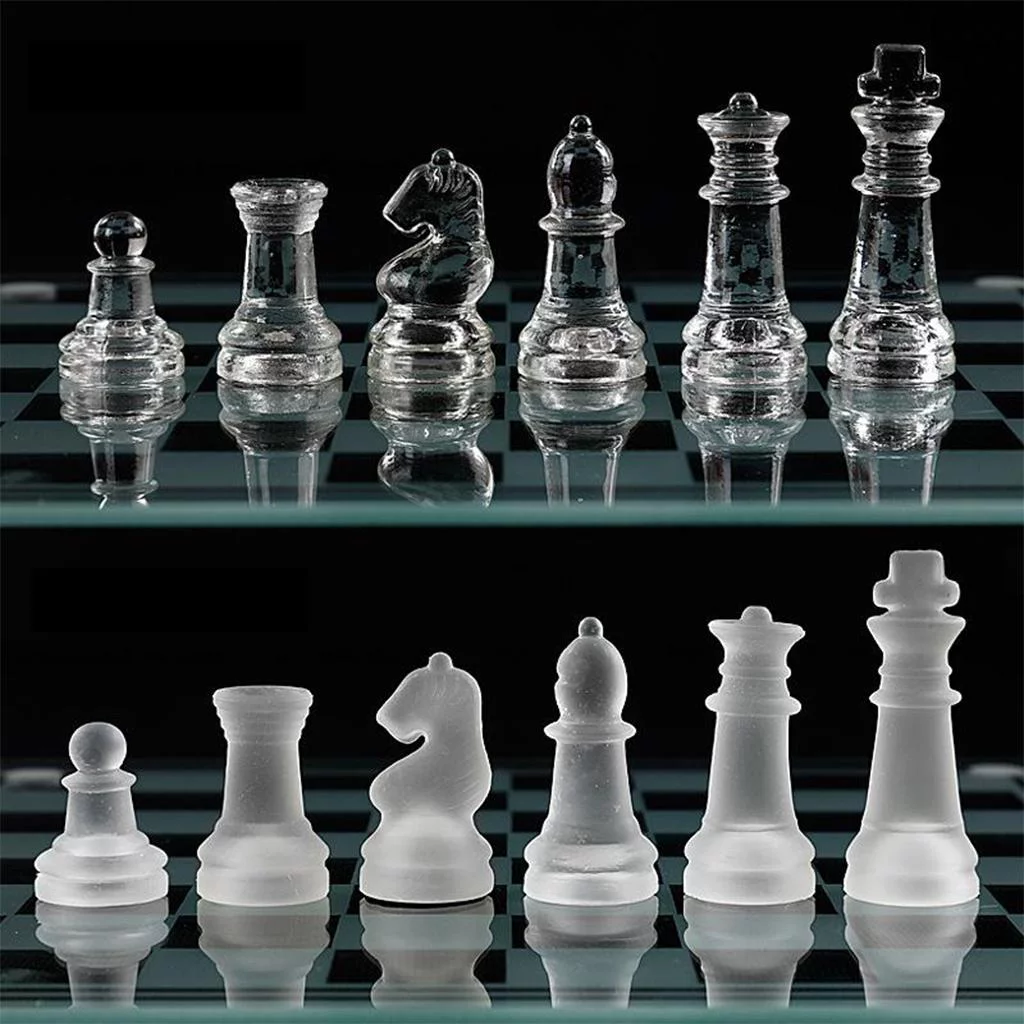 10 / 8 Chess , Solid Glass Chess Pieces with Padded Bottom, Crystal Chess Board Kids Adults Play Set - 20x20cm
