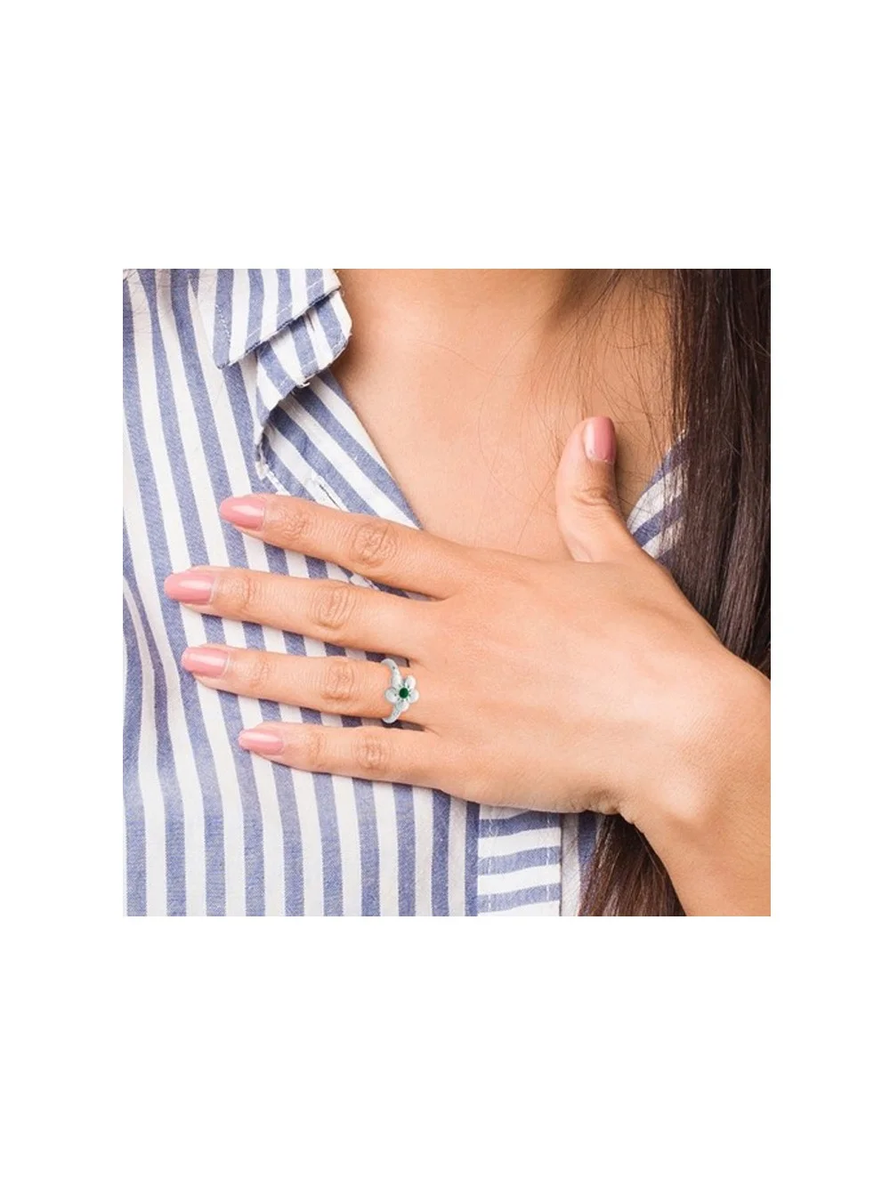 Sterling Silver Hawthorn Flower Ring with White and Green Enamel