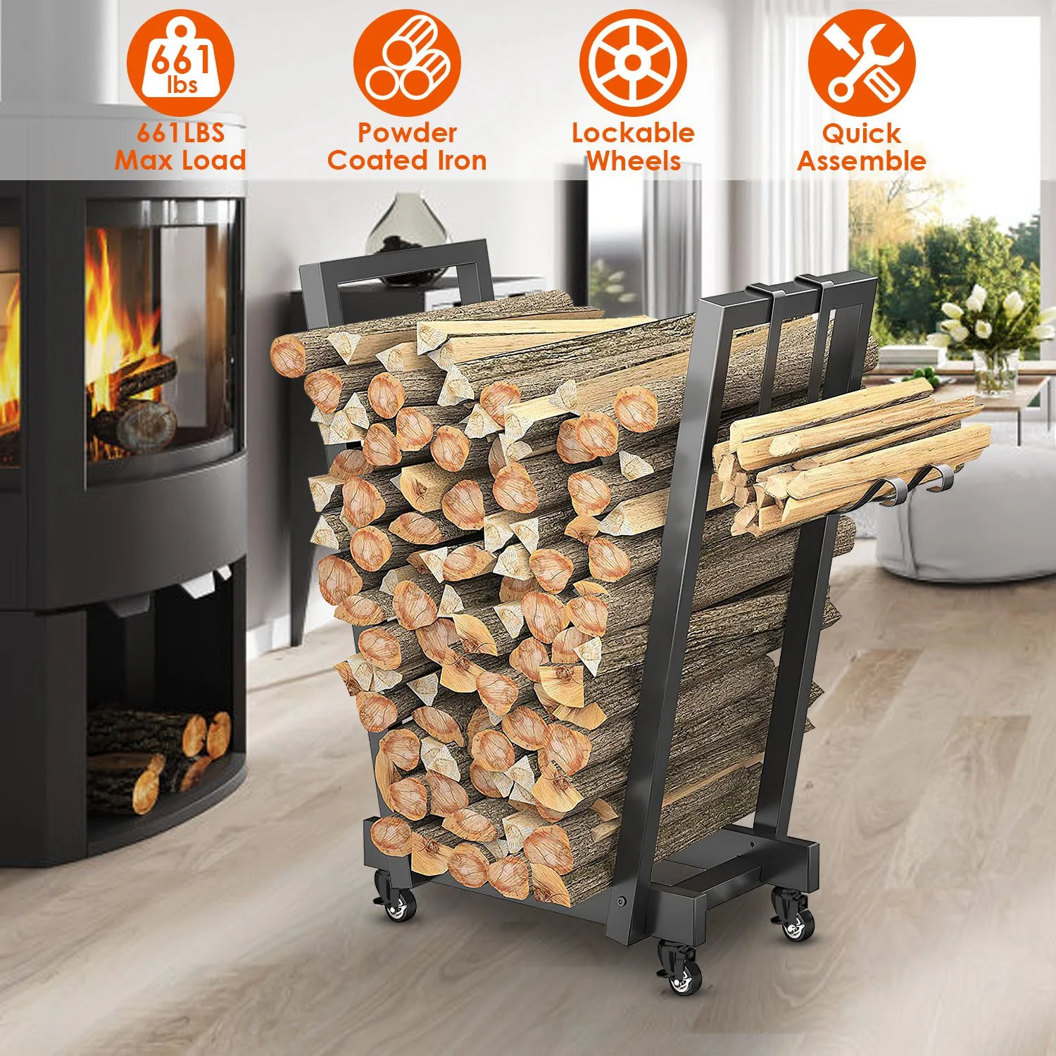 iMounTEK Firewood Rack Stand Heavy Duty Logs Holder for Outdoor Indoor Fireplace Powder Coated Iron Wood Pile Storage Stacker Organizer Black, 18.5x10.86x23.42in