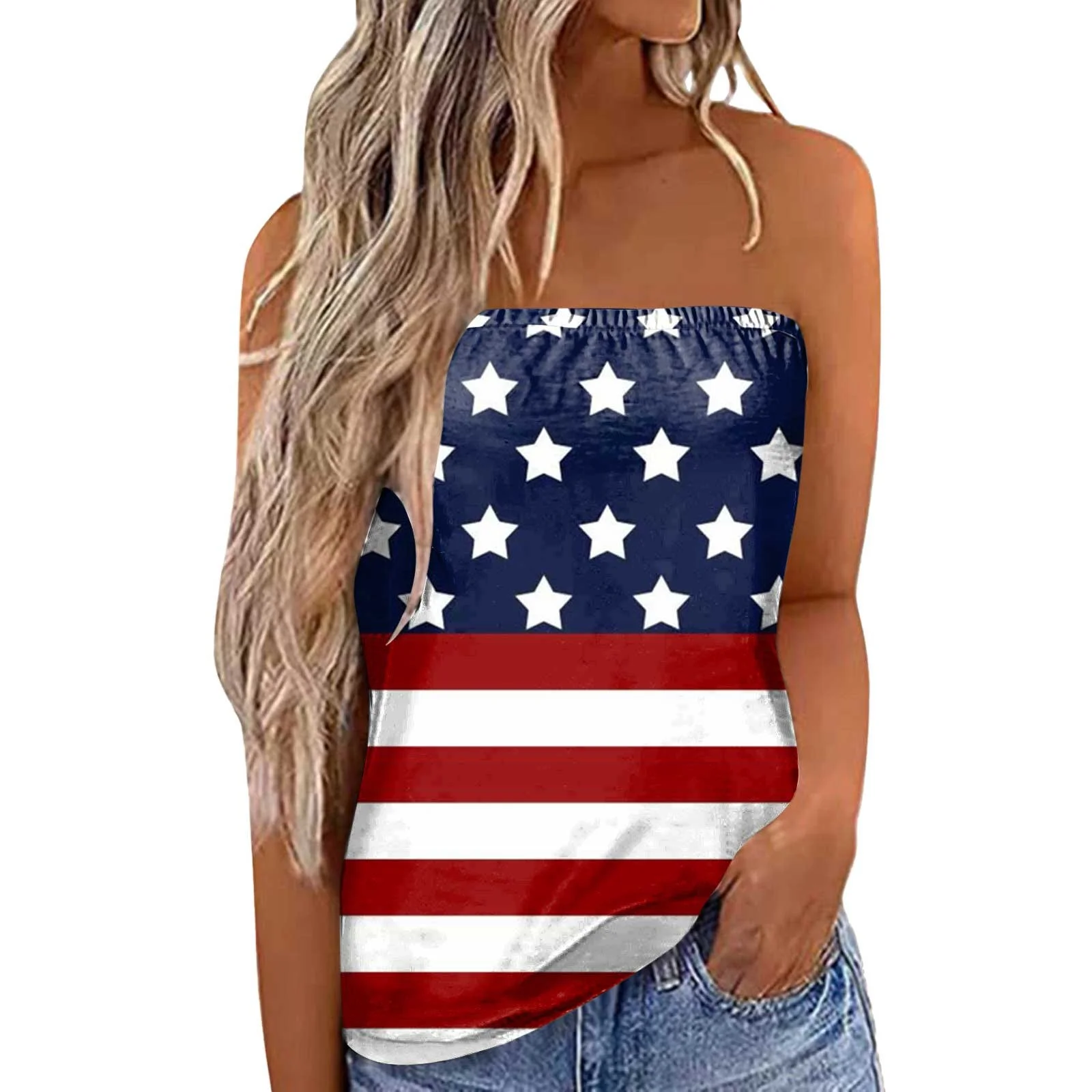 ZFWDUNSA Fourth of July Women Print Strapless Bandeau Tank Casual Sleeveless Summer Vacation Loose Holiday Top Shirt Blouse Women Tanks Top Women'S Nightgowns & Sleepshirts