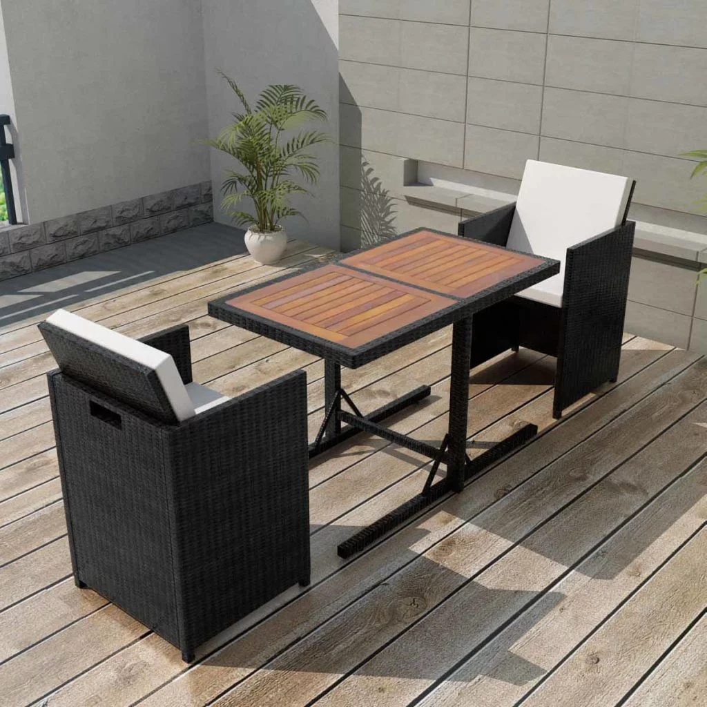 Tomshoo 3 Piece Bistro Set with Cushions Poly Rattan Black