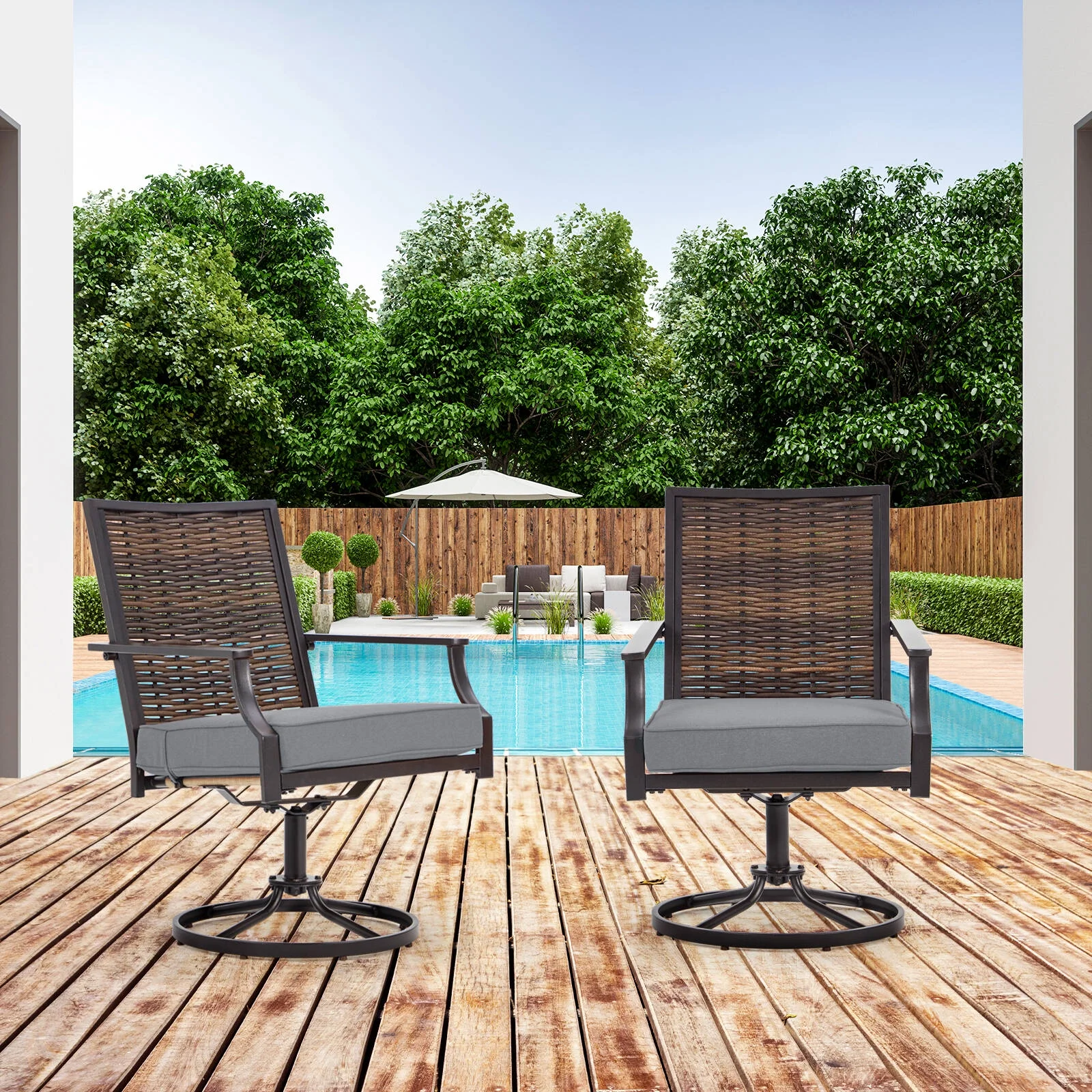 Erinnyees Patio Swivel Chairs Set of 2, All-Weather Cast Aluminum Patio Wicker Swivel Dining Chairs for Backyard Deck, Gray