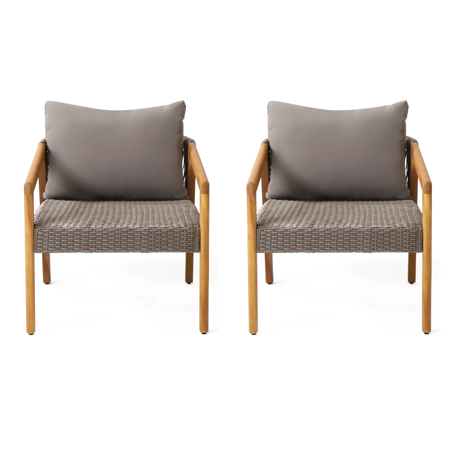 Stylish and Comfortable Teak/Gray Outdoor Acacia Wood Club Chairs with Plush Cushions - Set of 2 - Ideal Patio Seating Option for Relaxing in the Sun with a Touch of Elegance and Luxury