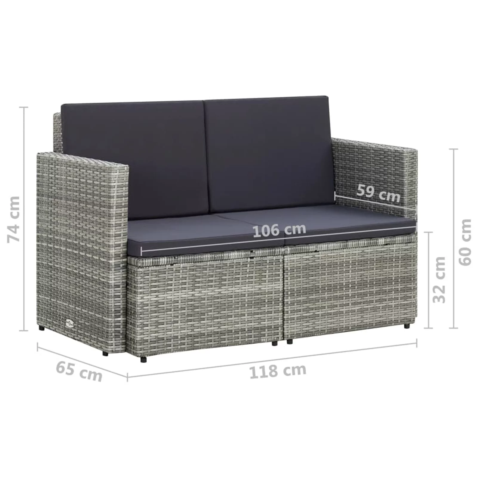 moobody 2 Seater Patio Sofa with Cushions Gray Poly Rattan