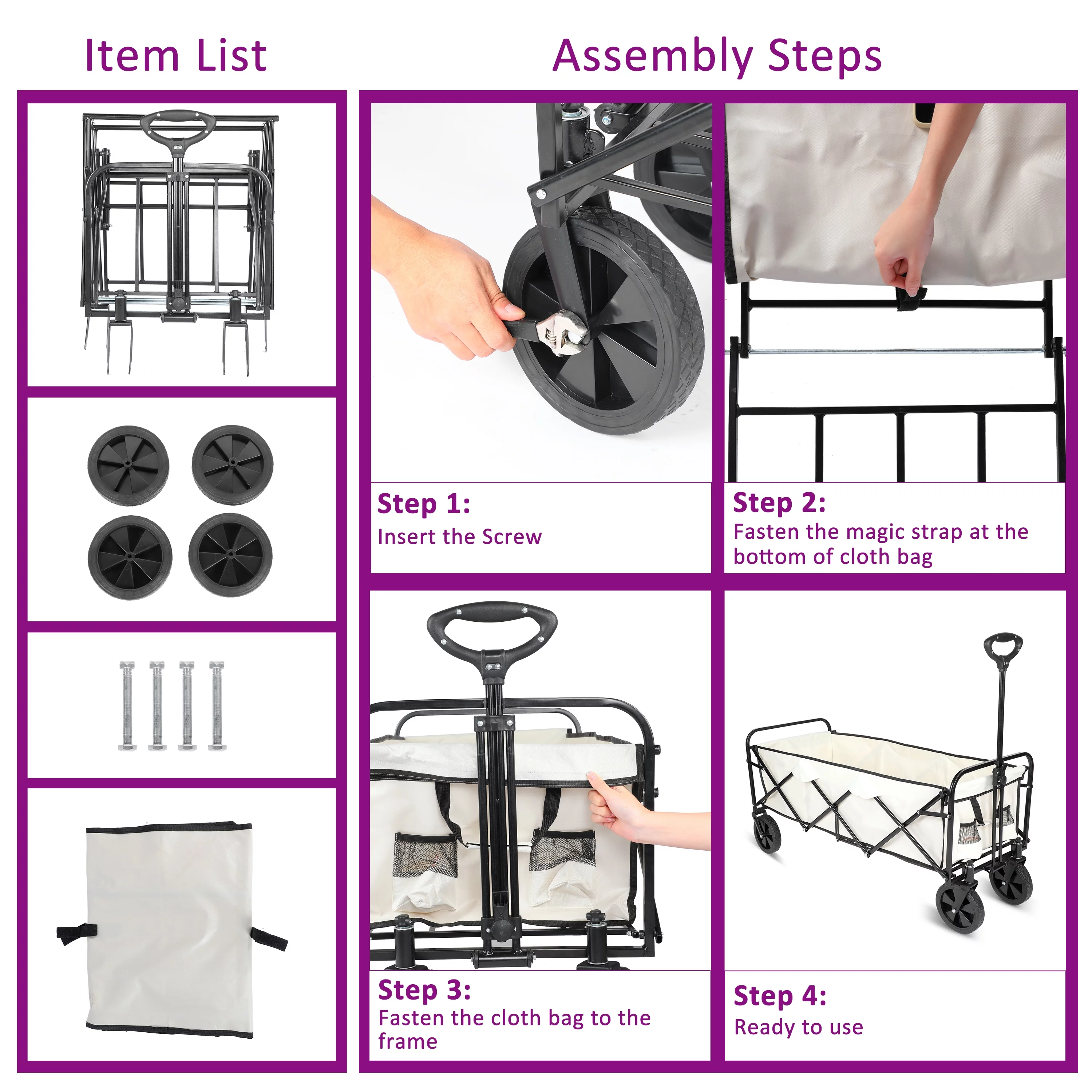 CoSoTower Extended Folding Utility Wagon, 330lbs Heavy Loaded Collapsible Garden Cart with Anti-Slip Wheels, Adjustable Handle and Side Pockets, Large, White, X-Large