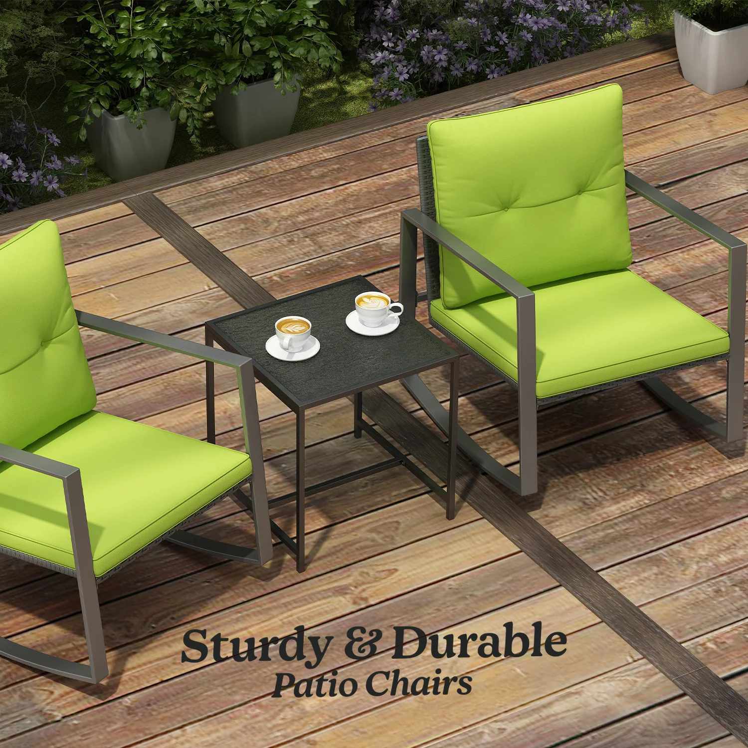 Fleur 3-Piece Patio Furniture Set -Two Solid Relaxing Chairs With Glass Garden Coffee Table - Green