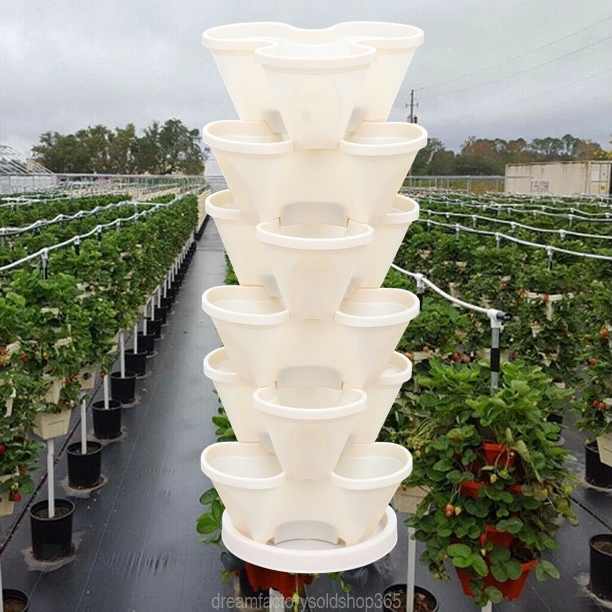 Miumaeov 6 Tier Vertical Garden Tower Plastic Milky Fit Plant Flower Veg Pots Stack