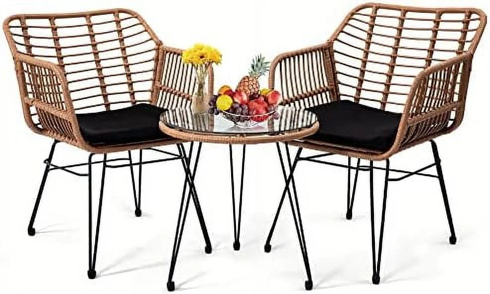 ASDRFYU 3 Pieces Wicker Patio Bistro  Set  Includes 2 Chairs and Glass Top Table  Ideal for Porch  Outdoor  Backyard  Apartment  Balcony Black Color