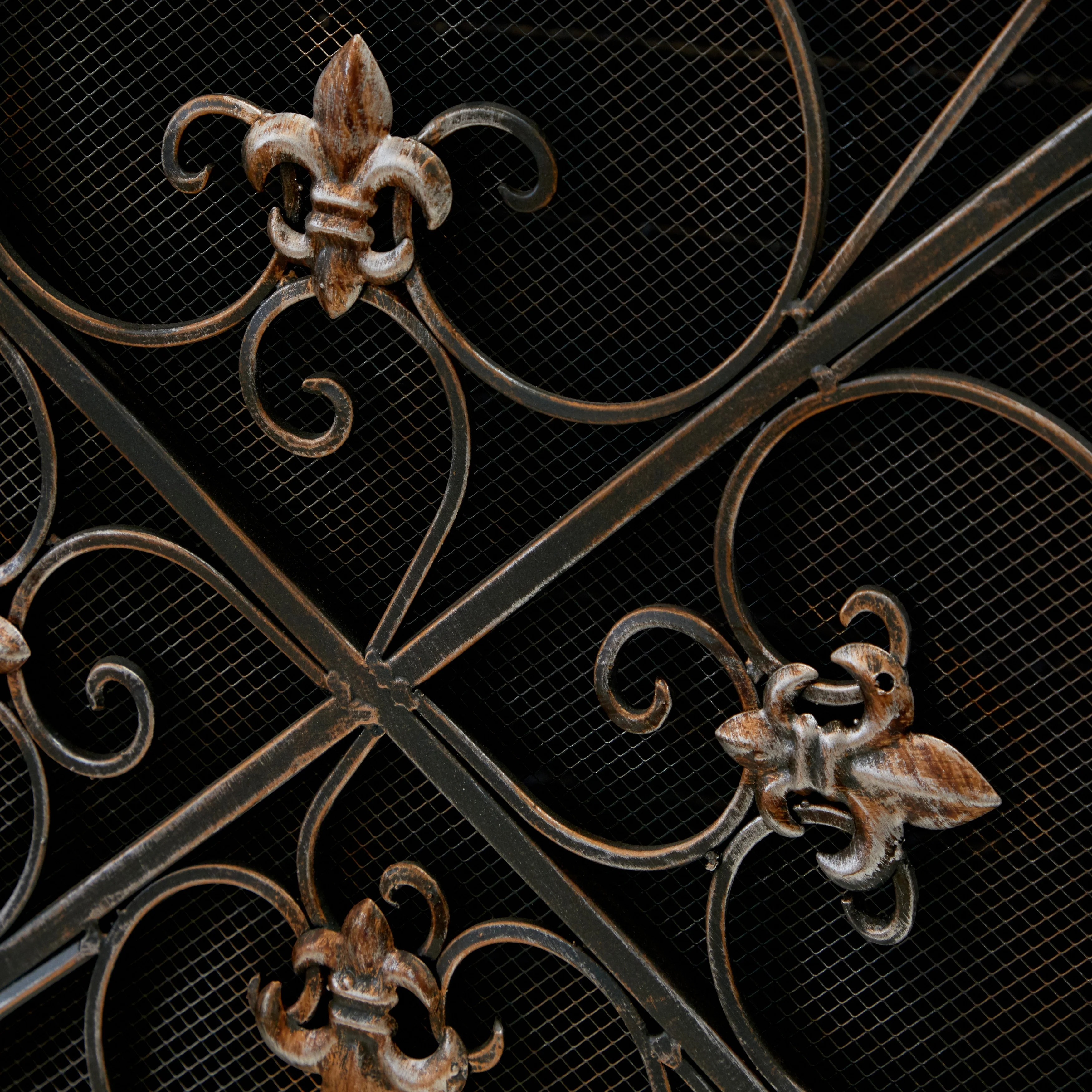 Studio 350 Black Metal Foldable Mesh Netting 3 Panel Fireplace Screen with Fleur De Lis and Scrollwork Designs