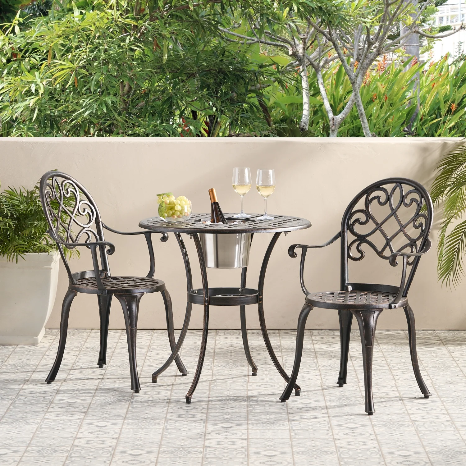 Relaxing and Elegant Camden 3PC Cast Bistro Set with Durable Ice Bucket for Stylish Outdoor Entertaining and Comfortable Relaxation