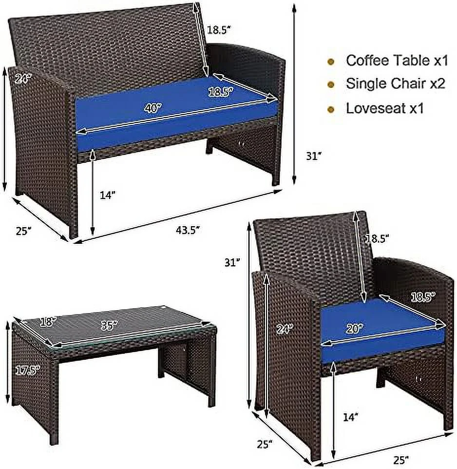 LNSETGC 4 Pieces Wicker Patio  Set  Outdoor PE Rattan Conversation Set with Chairs  Loveseat  Coffee Table  Cushions for Poolside  Red