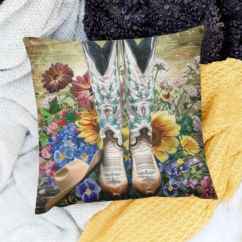 Ollo0ord Western Pillow Covers for Throw Pillow Covers,Sunflowers West Hat Cushion Cases,Retro Country Floral Decorative Pillow Covers White