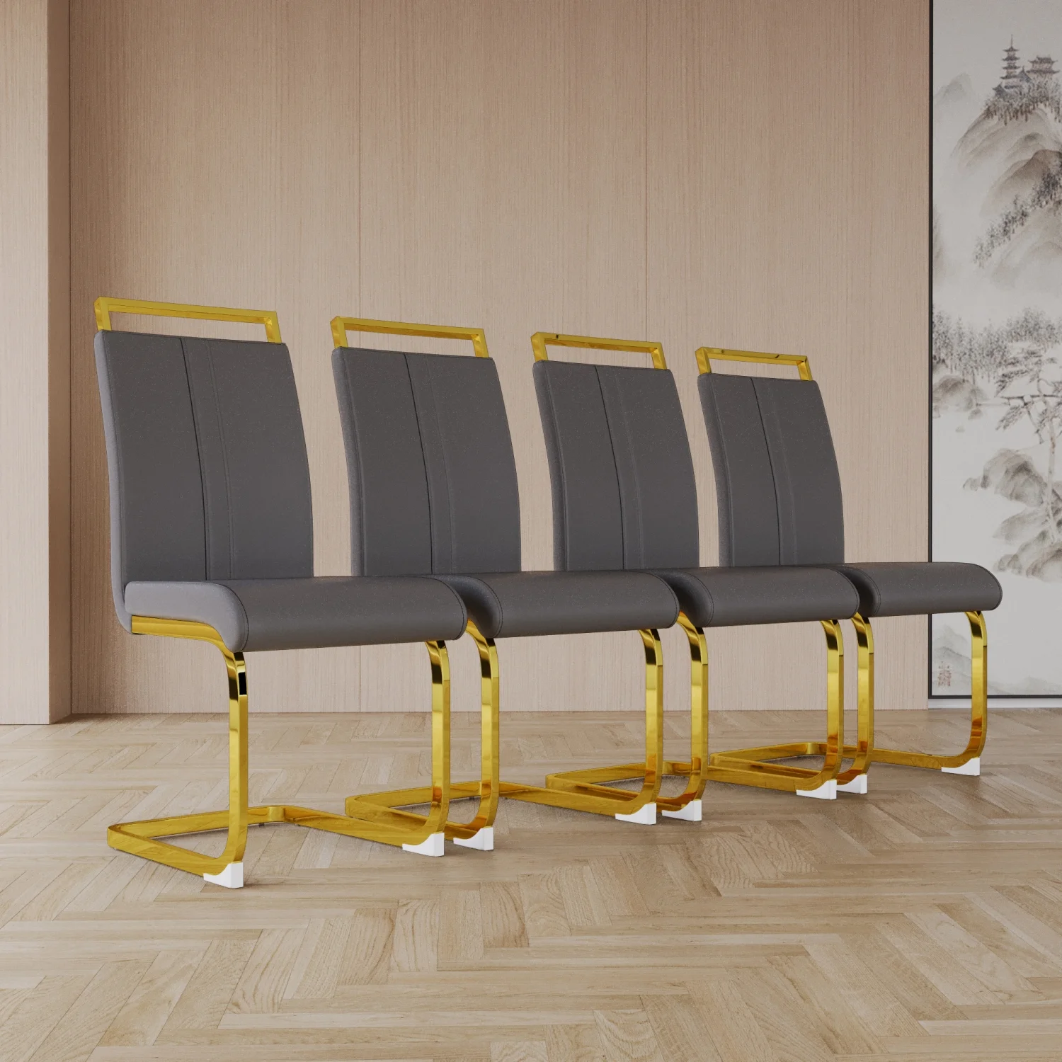 Modern Set of 4 Grey PU Faux Leather High Back Upholstered Dining Chairs with Stylish Plating Golden Metal Legs - Ideal for Dining Room  Kitchen  Vanity  Patio  Club  Guest or Office Chai