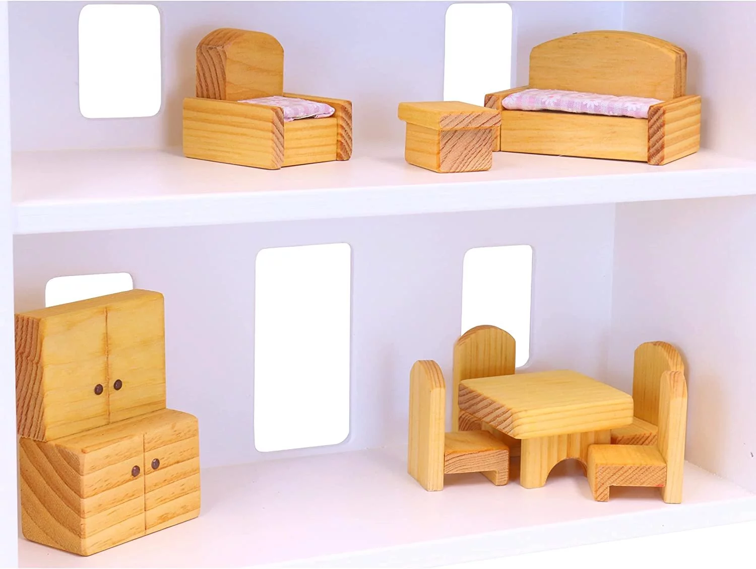 AmishToyBox.com Wooden Doll House Toy with 16 Piece Doll-House Furniture Set - Easy Access with Opening Design White and Natural