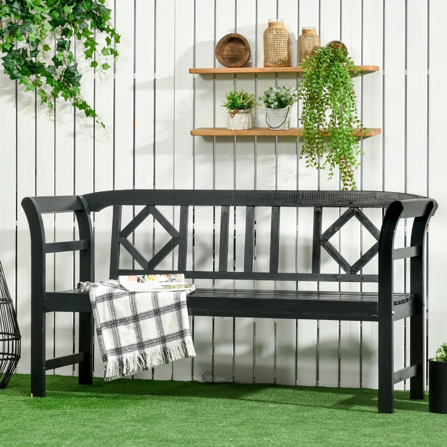 LEIYEHOOM Wooden Patio Bench  Outdoor Garden Bench with Backrest and Armrests  3 Person Porch Bench with Rustic Country  Pattern  Black