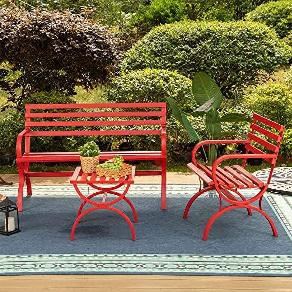 Outdoor Garden Bench Set, 3 Piece Patio Metal Conversation Set With Patio Metal Park Bench For 3 People, Single Seater Chair & Patio Side End Table For Porch Lawn Yard Deck, Red