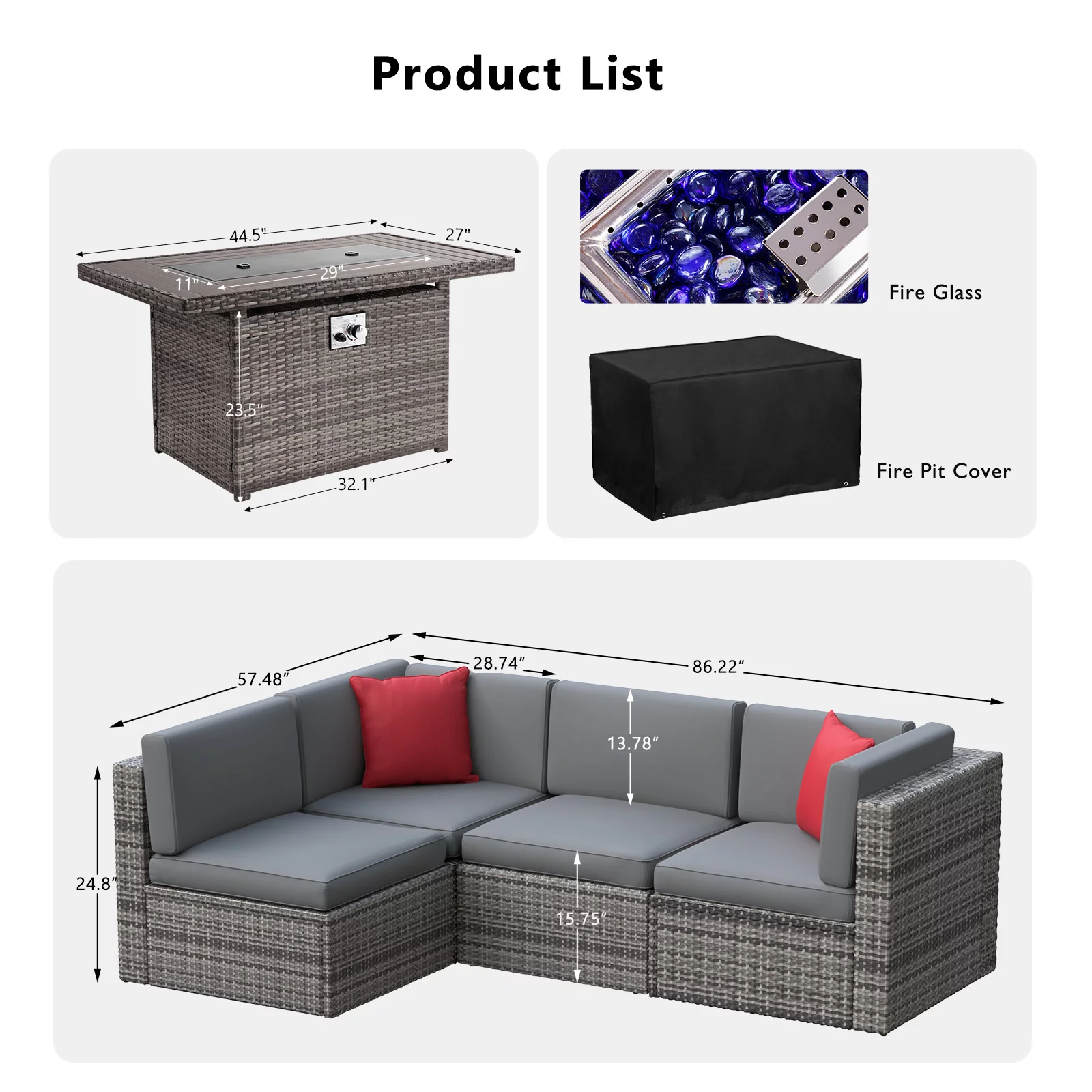 Sunmthink 5 Pcs Patio Furniture Sets with Fire Pit Table, Grey