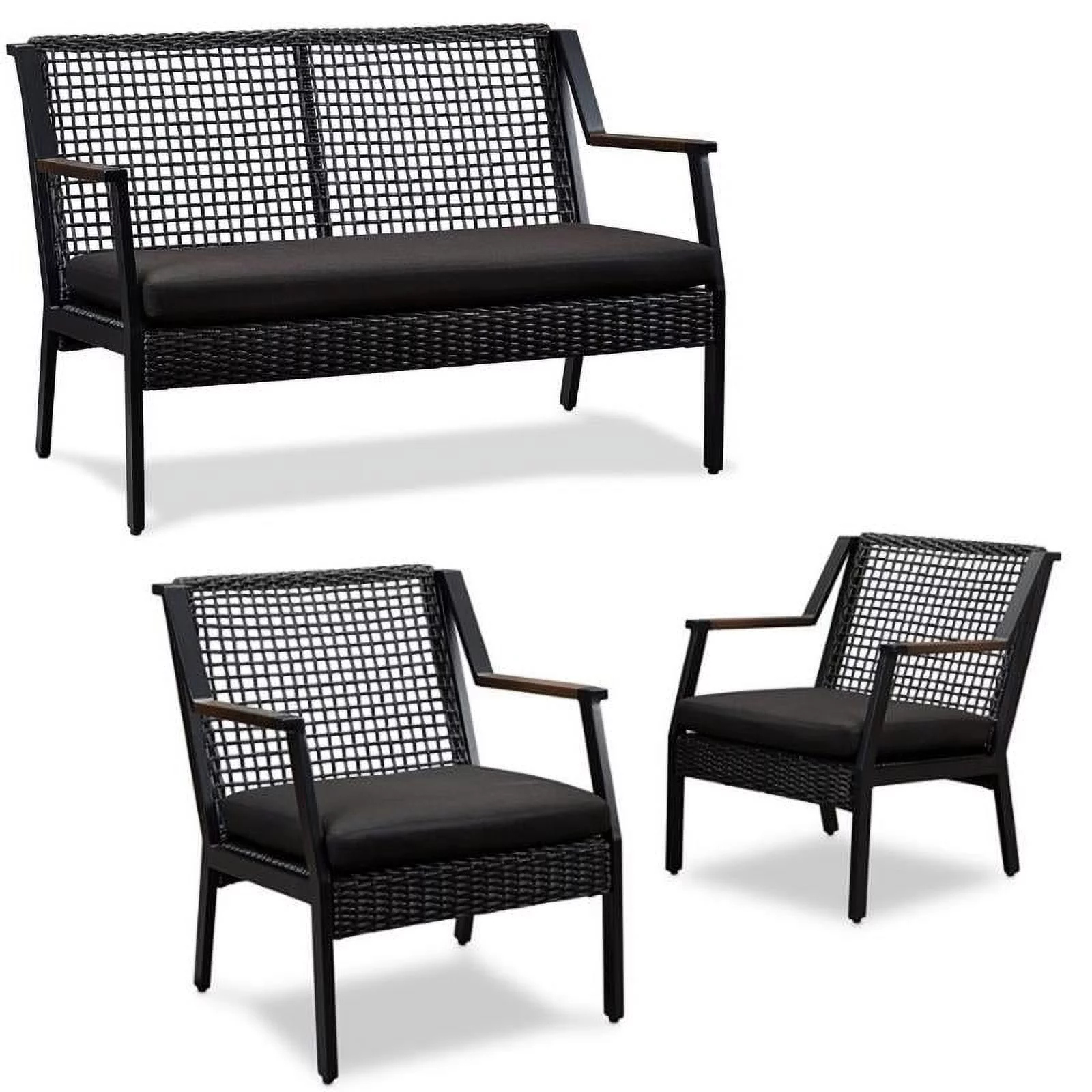 Home Square 3 Piece Garden Patio Set with Bench and 2 Chairs in Black