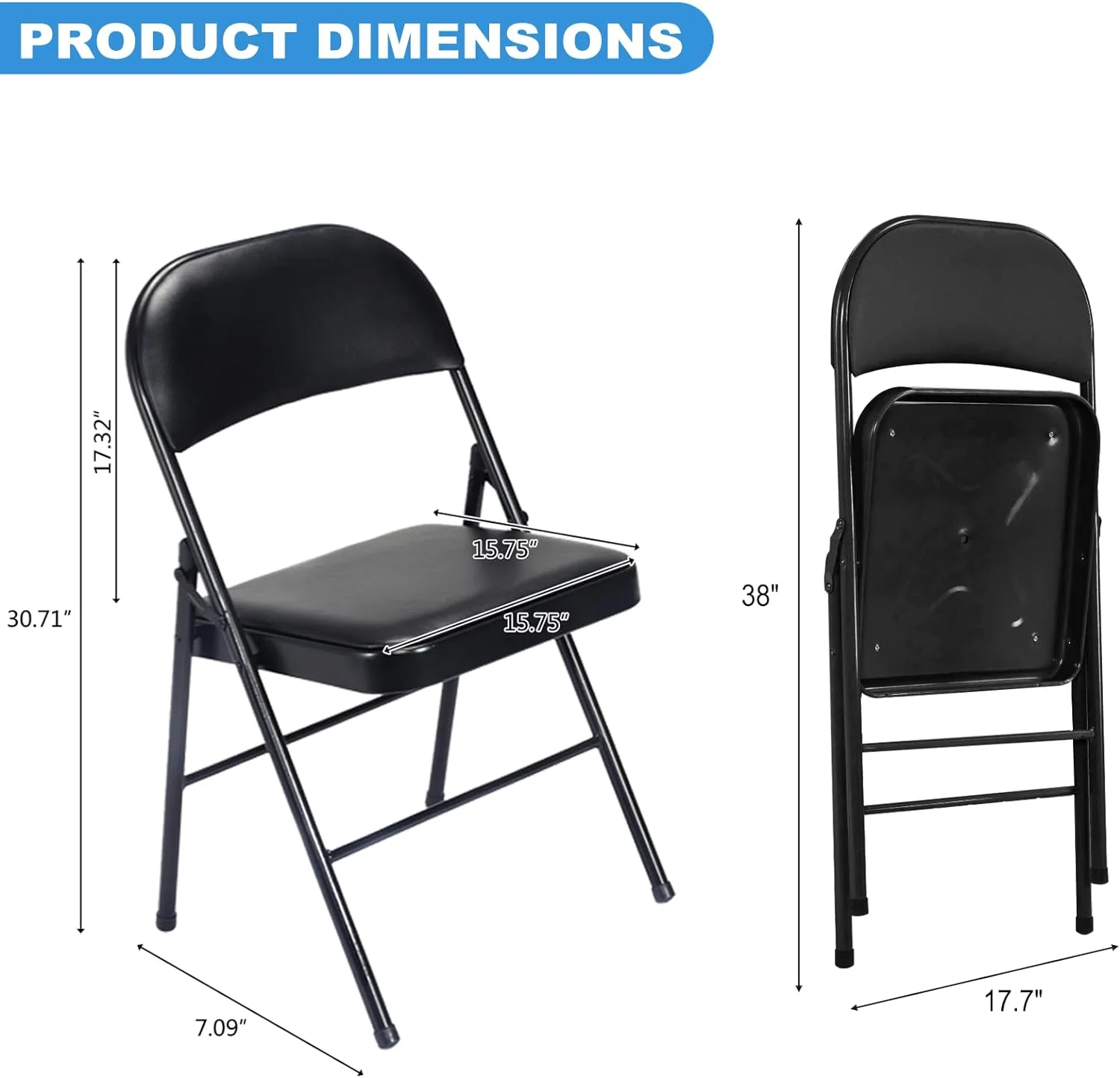 Black Folding Chair Set of 4, Padded Folding Chairs with Steel Frame 330lbs Capacity, Portable Stackable Commercial Folding Chairs for Home Office Wedding Party Indoor Outdoor Events