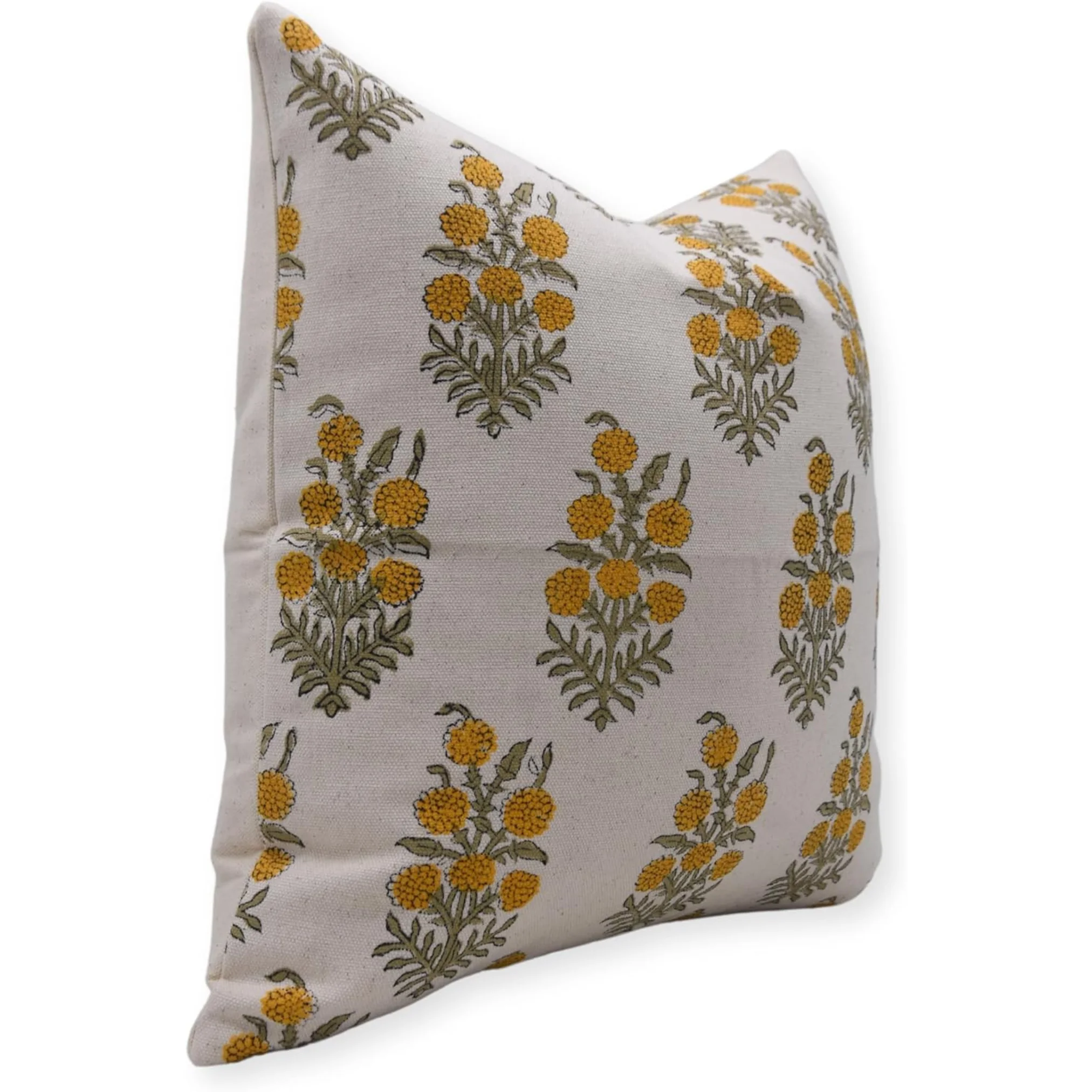 Fabdivine Block Print Throw Pillow Cover, 14x14 Inch Duck Canvas Decorative Cushion Cover, Floral Print Boho Design Mustard Pillow Cover for Sofa and Couch