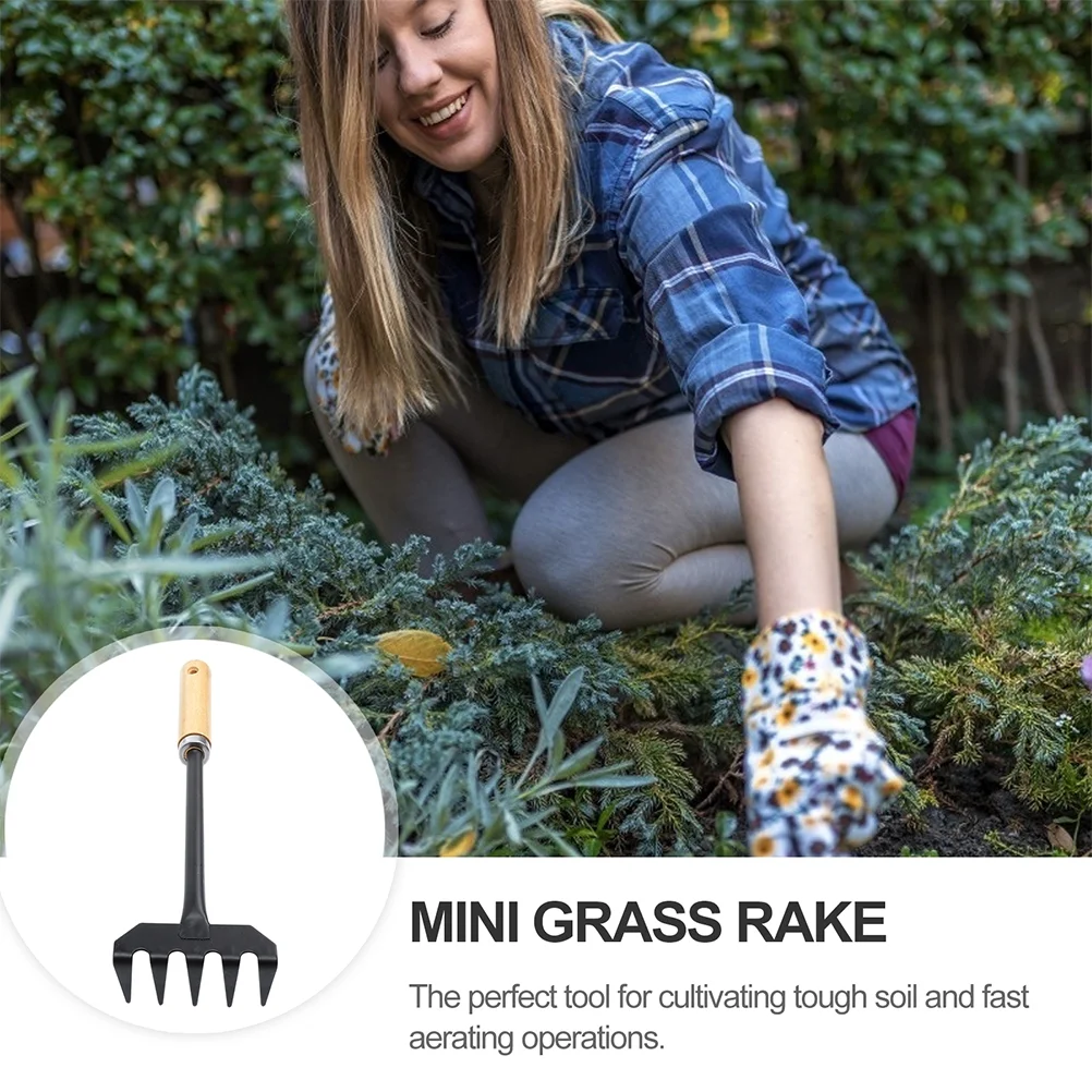 2Pcs Gardening Rake Small Hand Rake Iron Garden Rake Wood Handle Leaf Hand Rake Gardening Tool