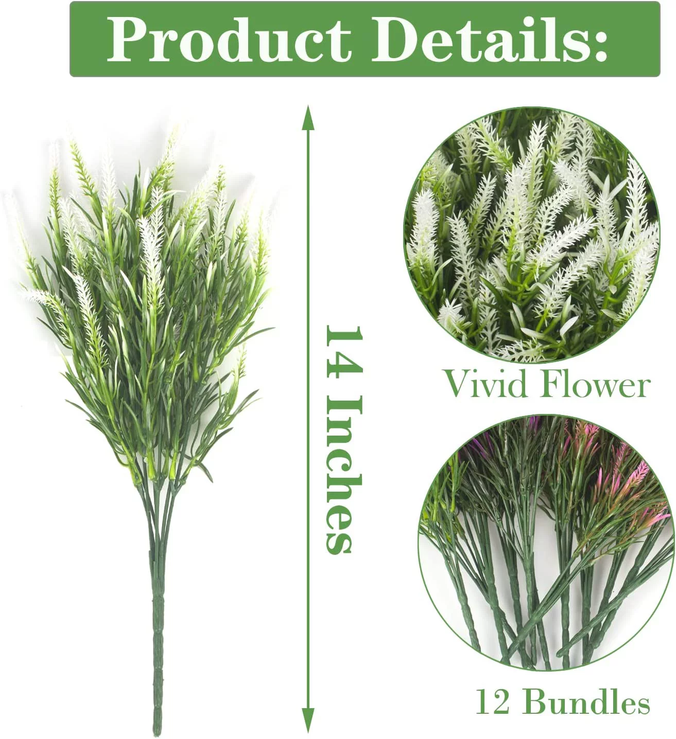 6 Bundles Artificial Lavender Flowers Faux Plants Fake Flowers Outdoor UV Resistant No Fade Garden Porch Window Box Decor(White)