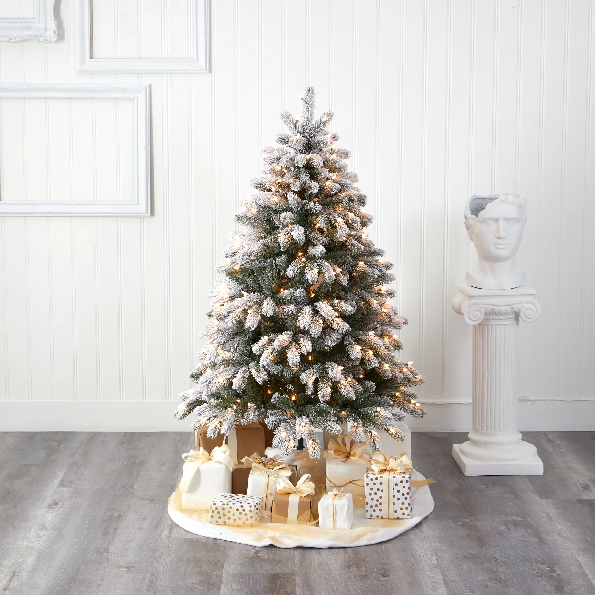 Nearly Natural Clear Prelit 300 LED Flocked Spruce Artificial Christmas Tree, 5'