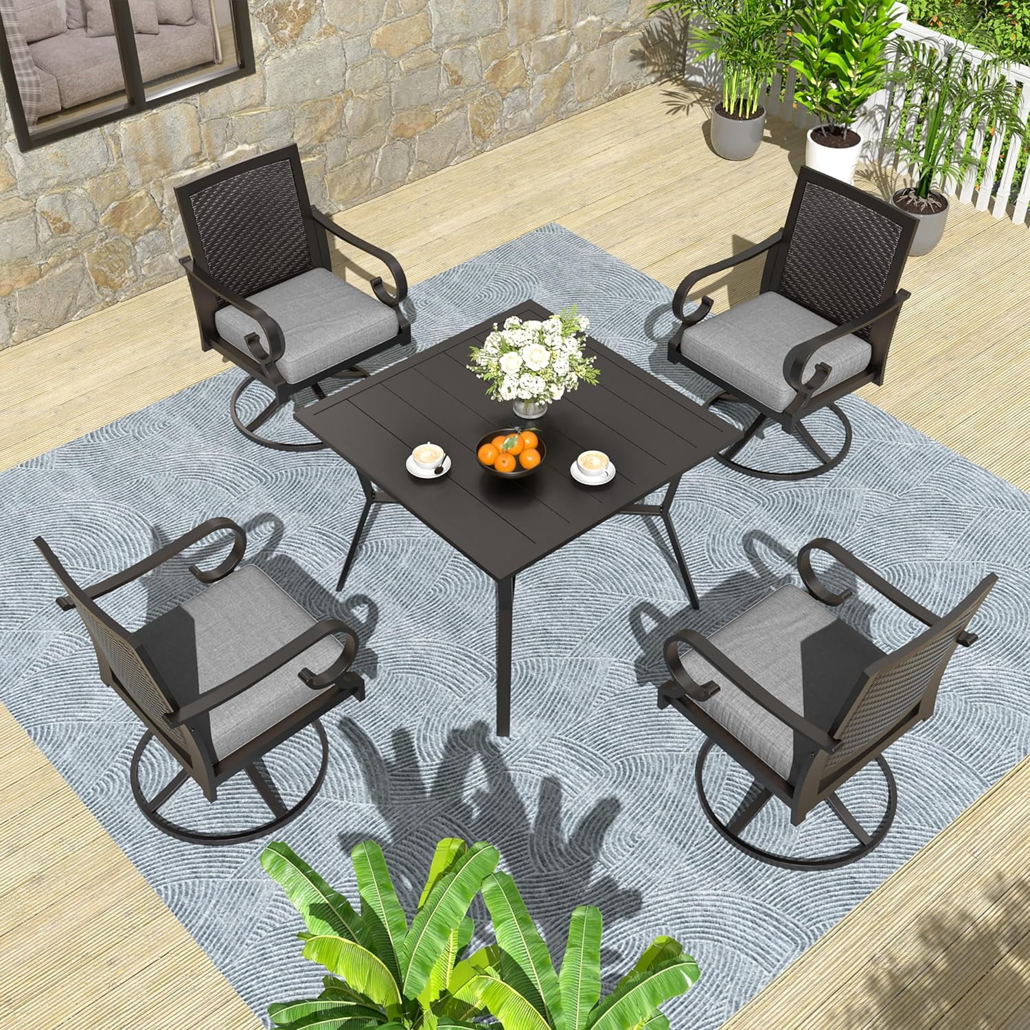 ALAULM 5 Pieces Outdoor Dining Set Patio Dining Table and Chairs Set Outdoor Furniture Set with 1 Square Metal Dining Table with Umbrella Hole，4 Wicker Swivel Patio Chairs with Grey Cushions