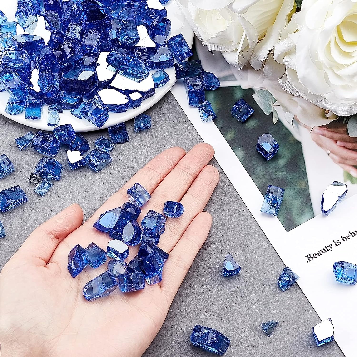 1box Fire Glass Blue Reflective Tempered Fire Glass Chips 300g Fireplace Fire Pit Glass Fire Glass Gravel Glass Beads