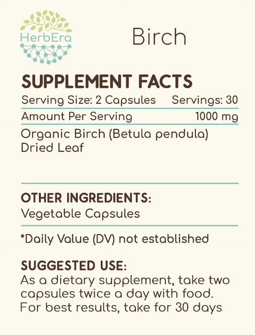 Birch 60 Capsules, 500 mg, Organic Birch (Betula Pendula) Dried Leaf
