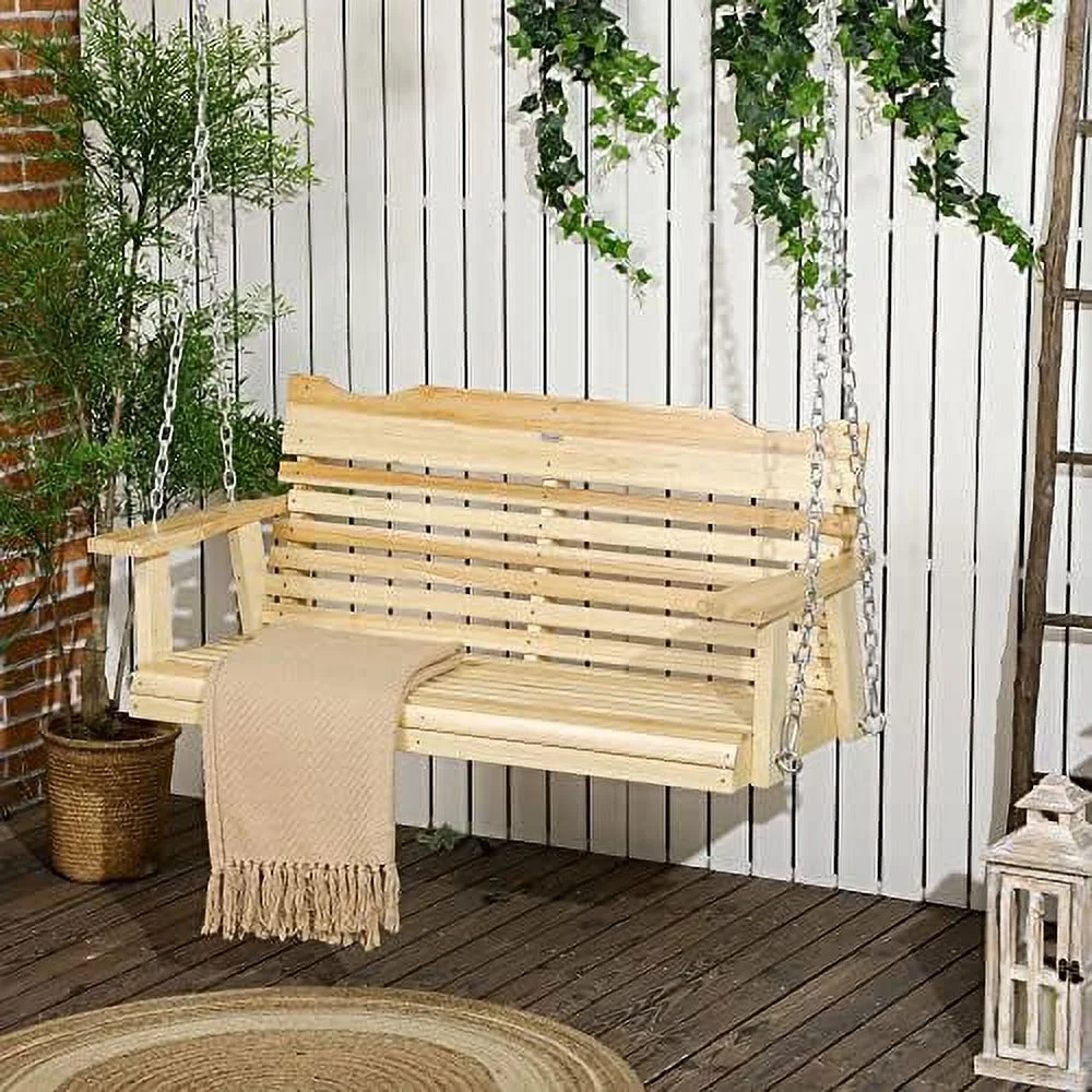 2-Seater Porch Swing, Hanging Outdoor Swing Bench With Metal Chains And Wide Armrests, For Deck, Patio, Garden, Backyard Natural