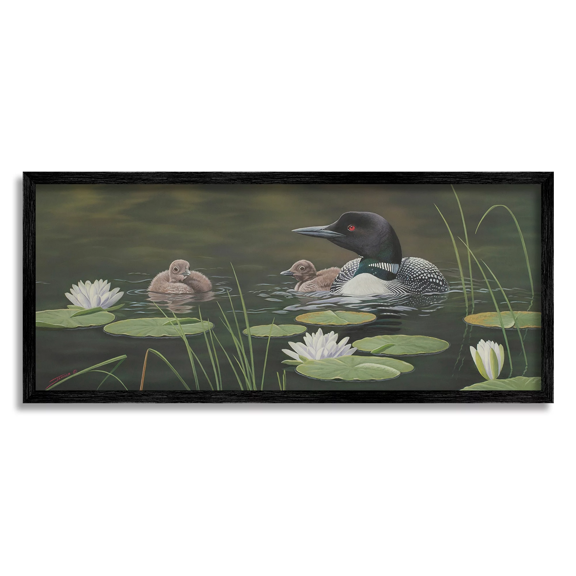 Stupell Industries Duck Family in Pond Animals & Insects Painting Black Framed Art Print Wall Art, 24 x 10