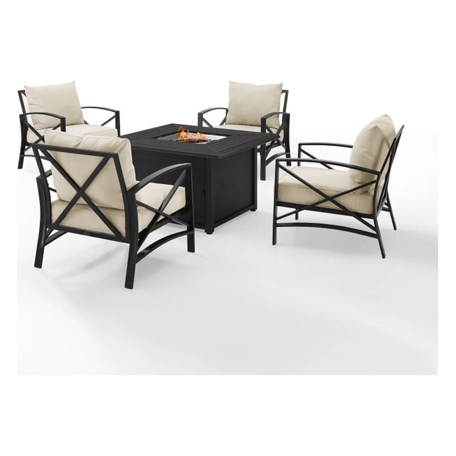 HomeStock Hollywood Regency 5Pc Outdoor Metal Conversation Set W/Fire Table Oatmeal/Oil Rubbed Bronze - Dante Fire Table & 4 Arm Chairs