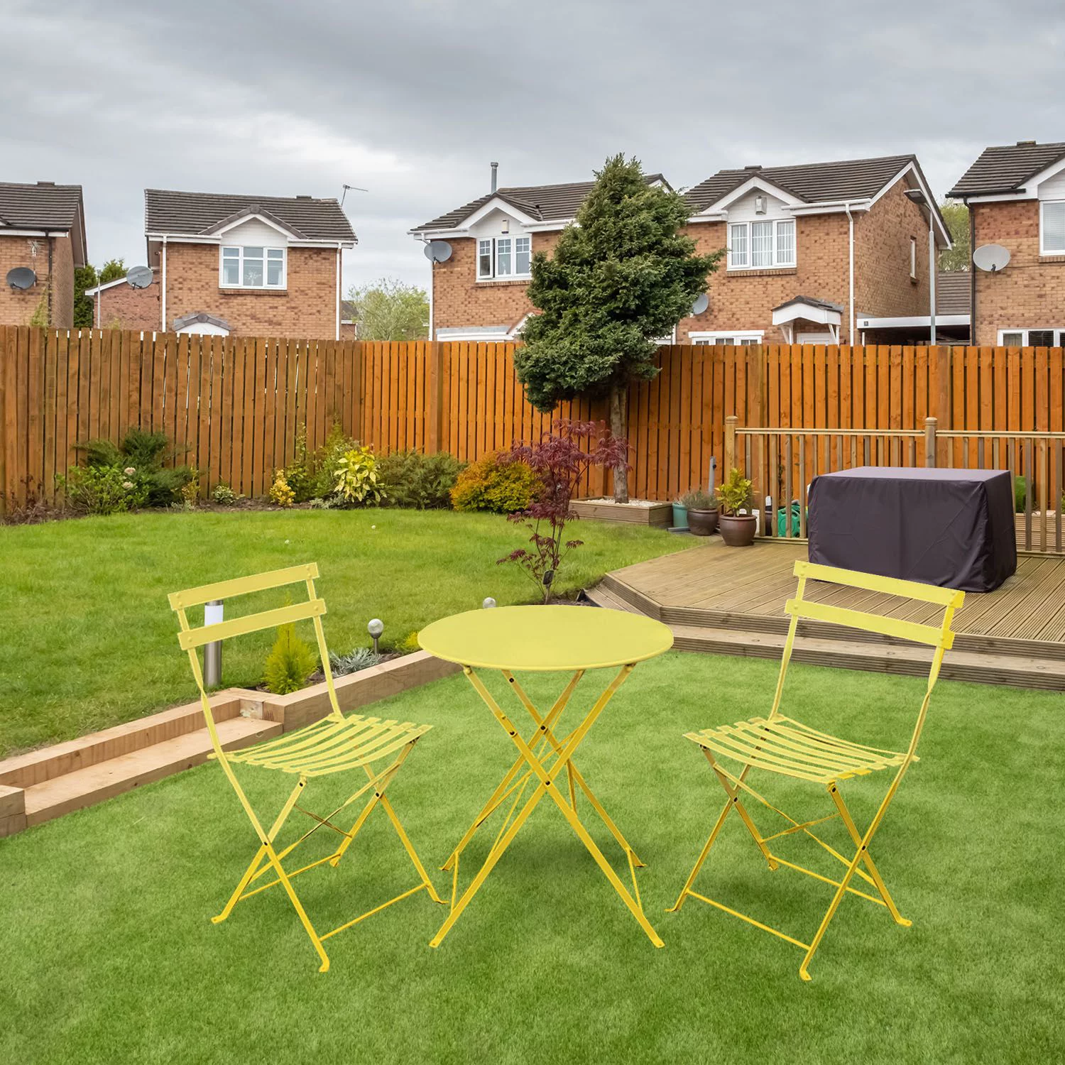 Fleur 3 Piece Long Lasting Terrace Furniture Set – A Lovely Tea Table with Two Relaxing Sitting Chairs - Yellow