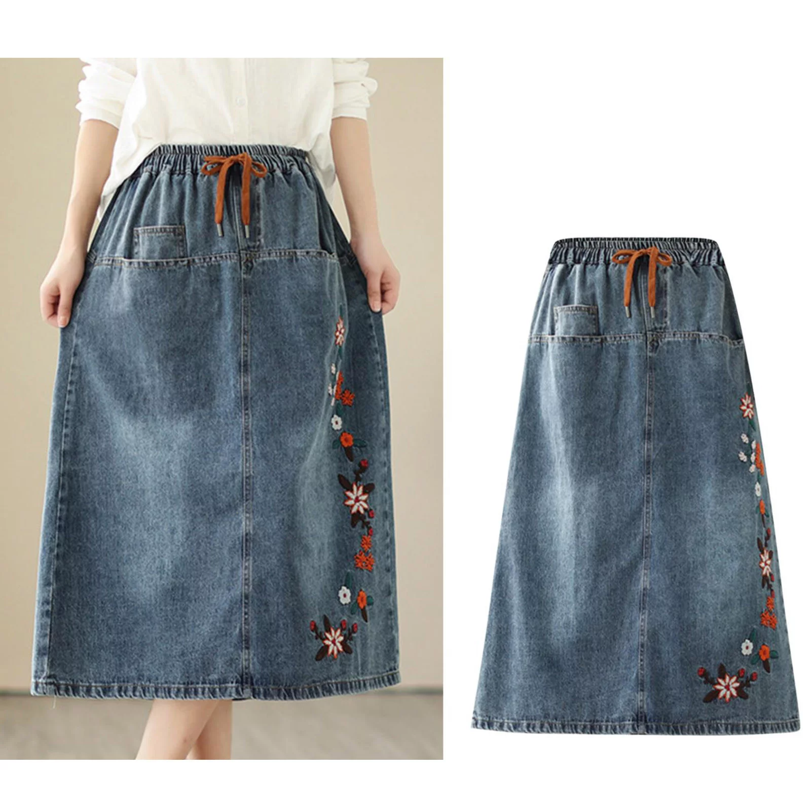 Autumn Cargo Skirt Spring And Summer Half Skirt Elastic Waist A Line Skirt High Waist Embroidery Denim Retro Mid Length Style Two Piece Skirt Set