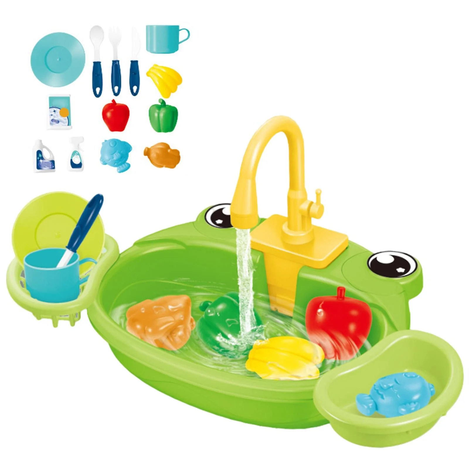 Kitchen Sink Toys Sensory Montessori Accessories with Running Set for Role Play Kitchen Boys And Girls Birthday Green Frog