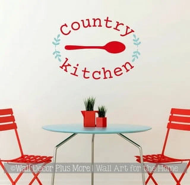 Country Kitchen Spoon Laurel Wreath Kitchen Wall Stickers - Matte Vinyl Quote Wall Decal Sayings for Wall Decor - Adhesive Wall Lettering 23x16- Inch Cherry Red/ Beach House