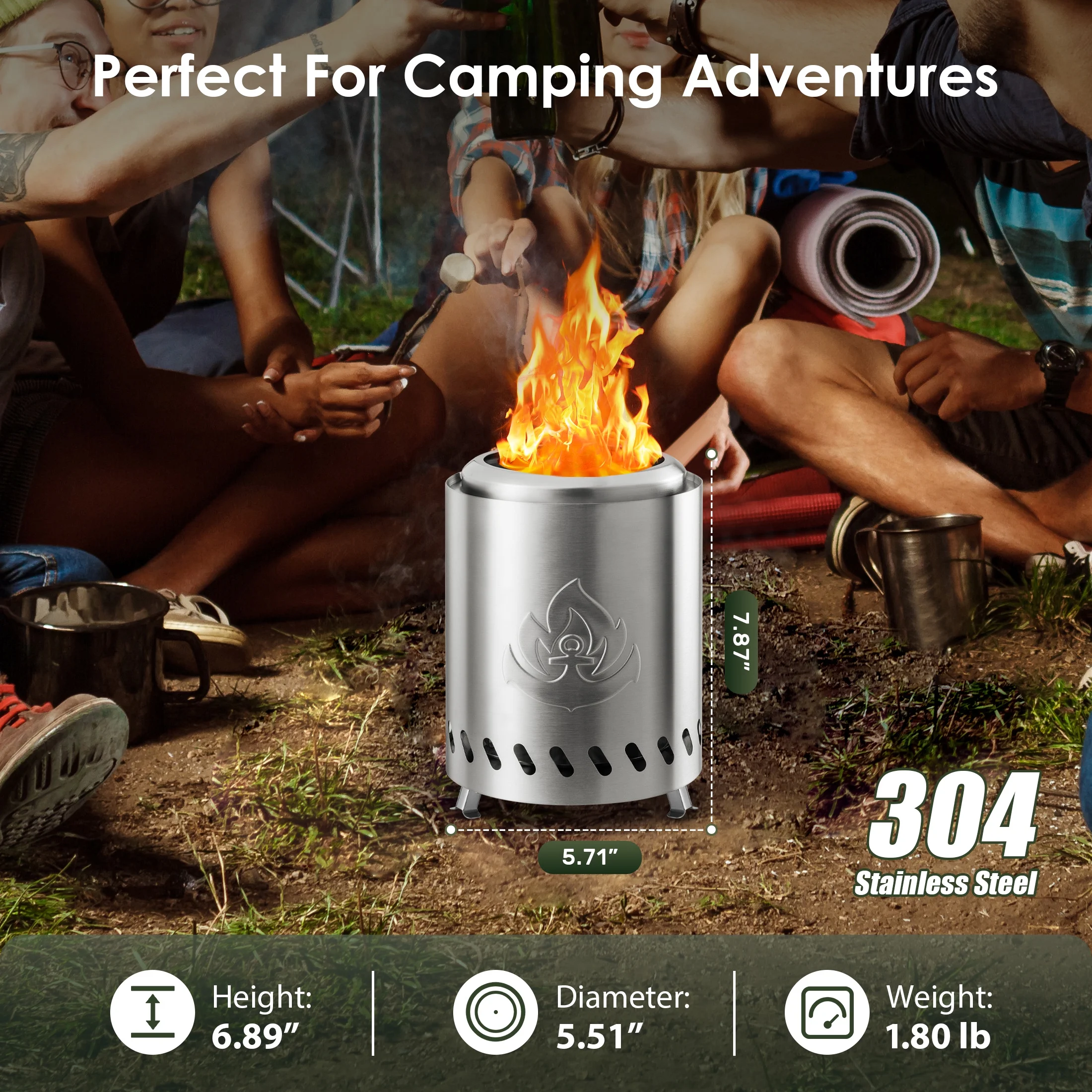 KISSAIR Outdoor Tabletop Fire Pit with Portable Bag, Dual Fuel Capacity, 360 Airflow System, Safe and Smokeless, Stainless Steel, Silver