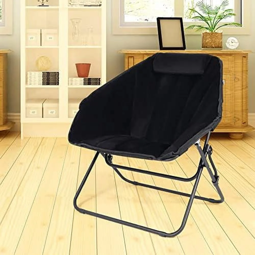 GFVCNIO Oversized Folding Saucer Chair   Round Comfortable Camping Chair with Velvet Pillow & Iron Frame  Hexagon Dish Chair Foldable for Bedroom Dorm Office  Black(2 Packs)