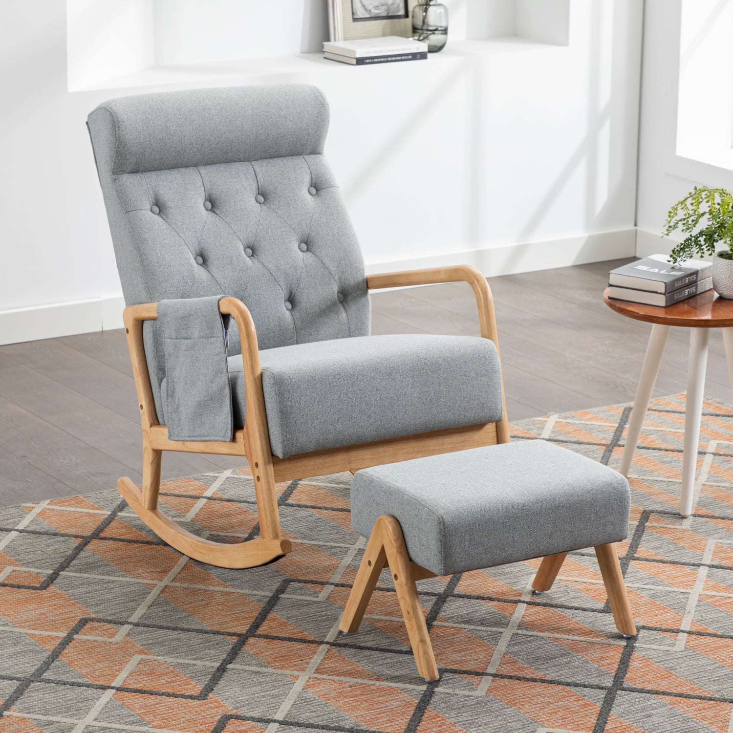 Comfortable and Stylish Mid-Century Modern COOLMORE Rocking Chair with Ottoman  Upholstered Fabric Armchair for Nursery  Thick Padded Cushion Comfy Glider Rocker  High Backrest Accent Cha